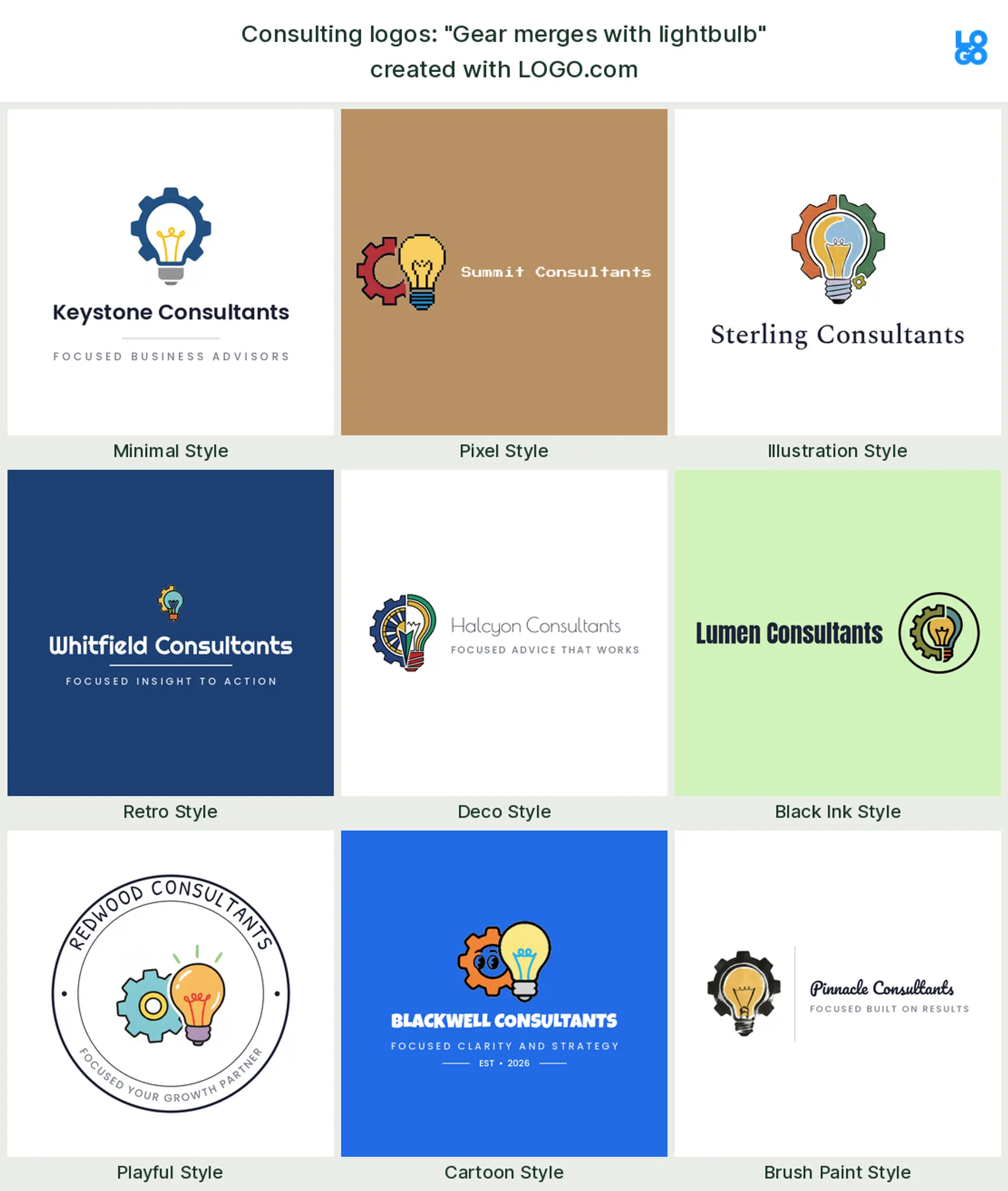 The "Gear merges with lightbulb" business consulting logo idea, shown across nine styles on LOGO.com