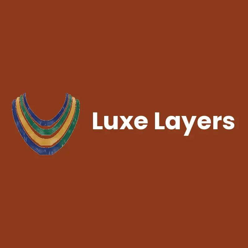 The jewelry name Luxe Layers as a branded logo in a linocut style