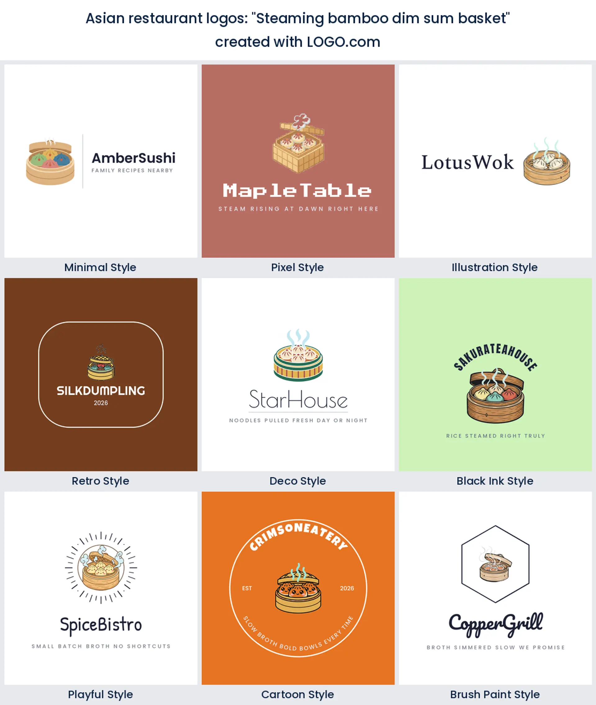 Steaming bamboo dim sum basket Asian restaurant logo in nine styles.