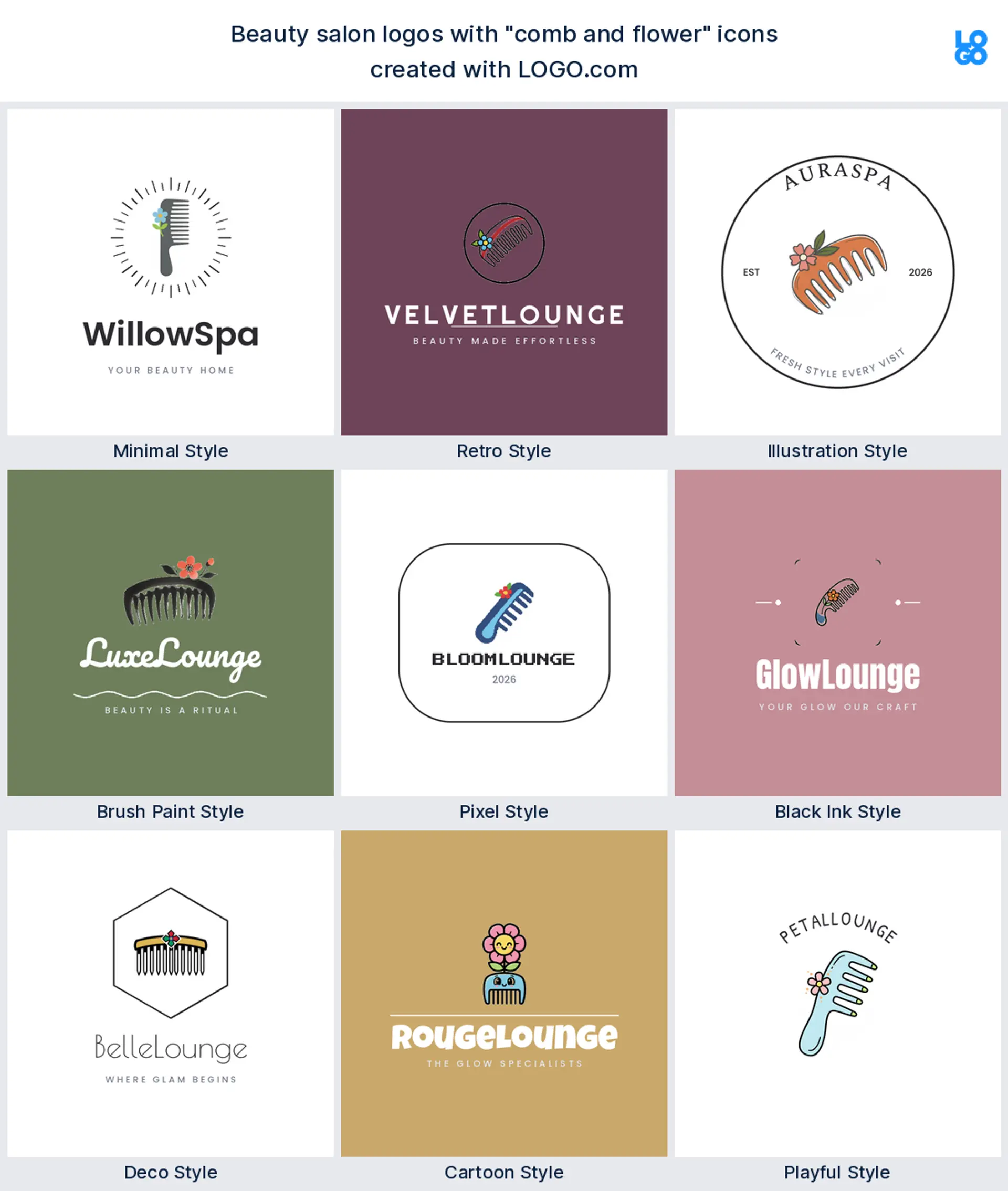 Comb and flower, illustrated beauty salon logo shown in nine LOGO.com styles