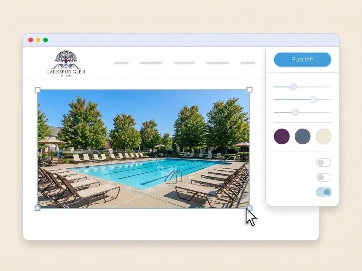 Editing the Larkspur Glen website with a photo of the community pool selected, the style panel open and the Publish button ready