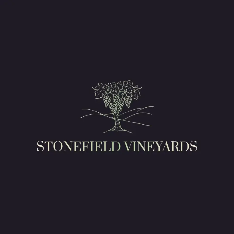 The winery name Stonefield Vineyards as a branded logo with a single color icon