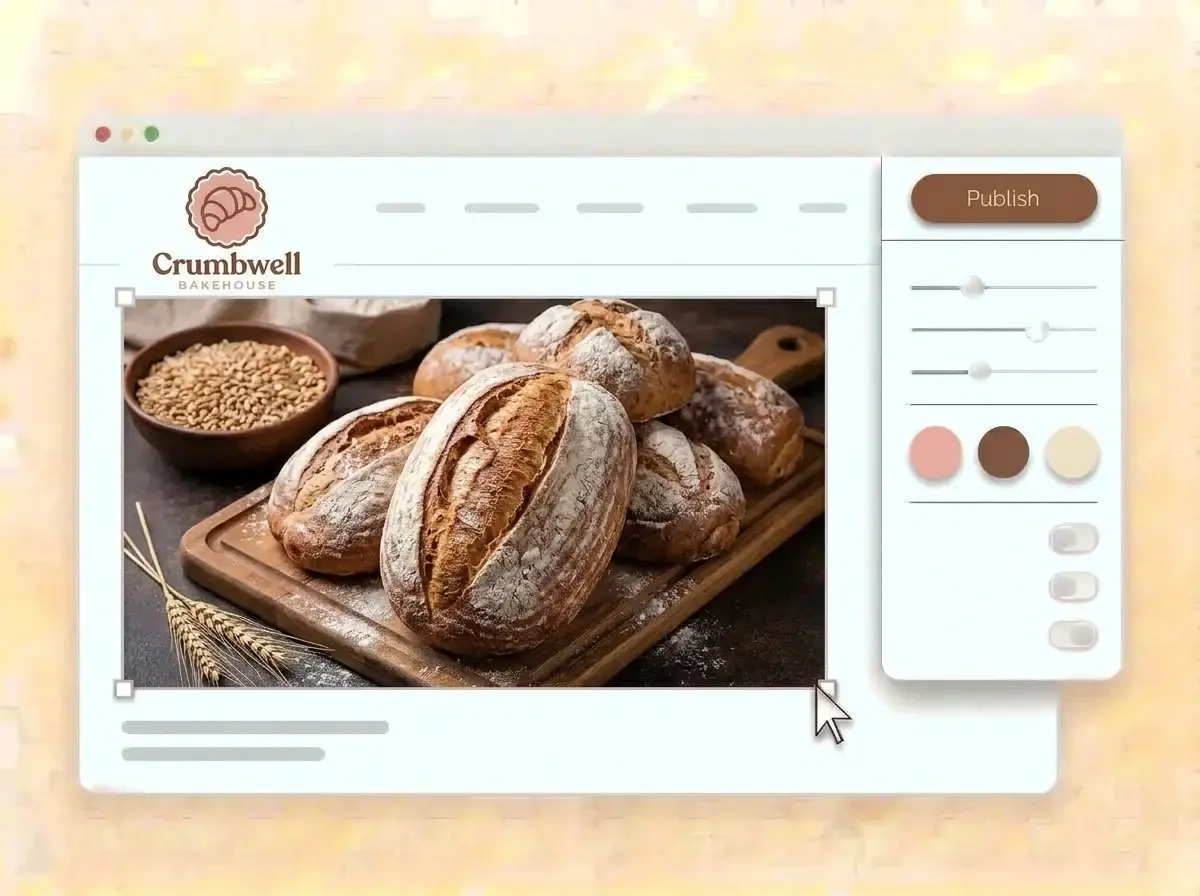 Editing the Crumbwell website with a photo of floured sourdough loaves selected, the style panel open and the brown Publish button ready