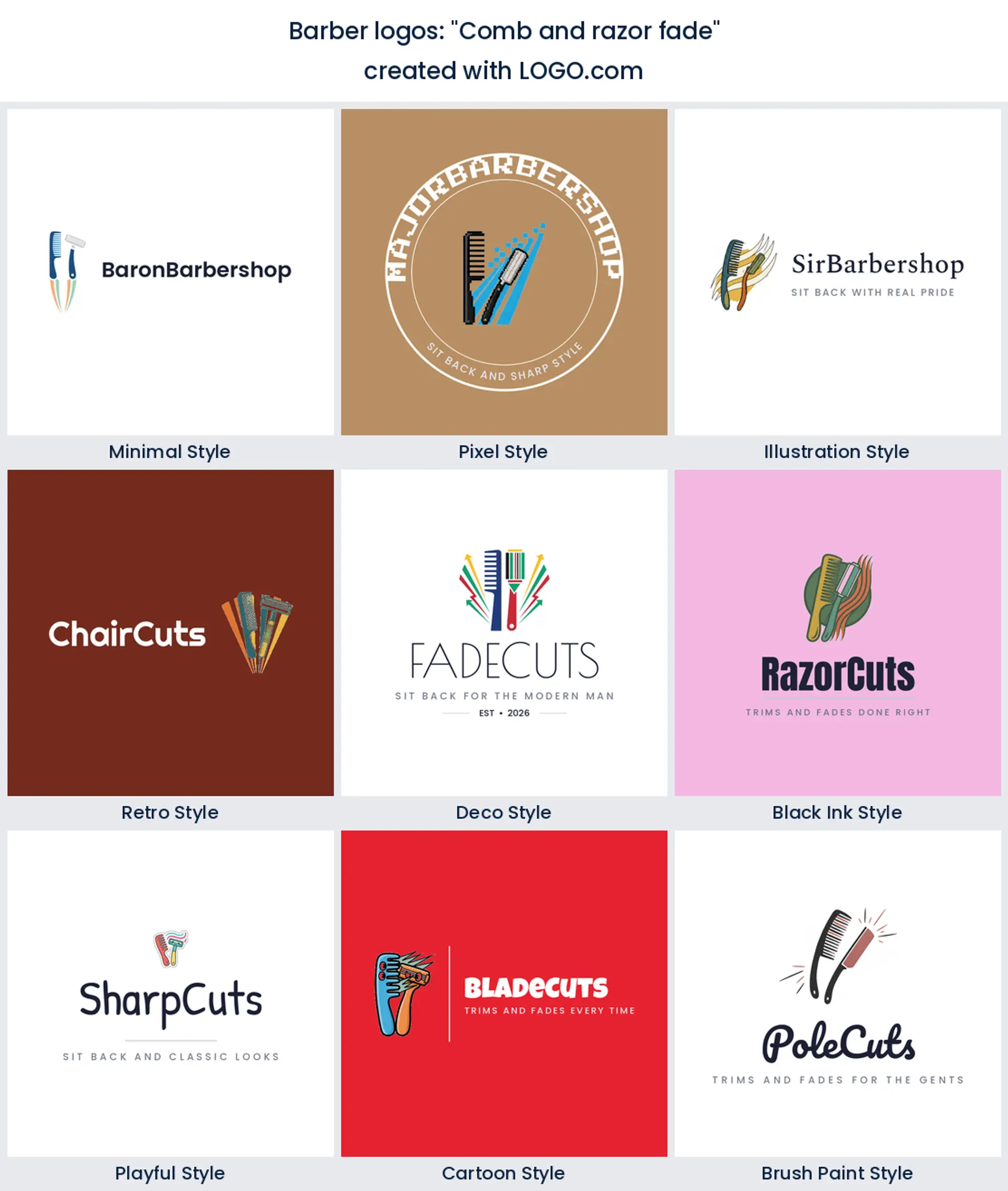 Comb and razor fade logo in nine styles.