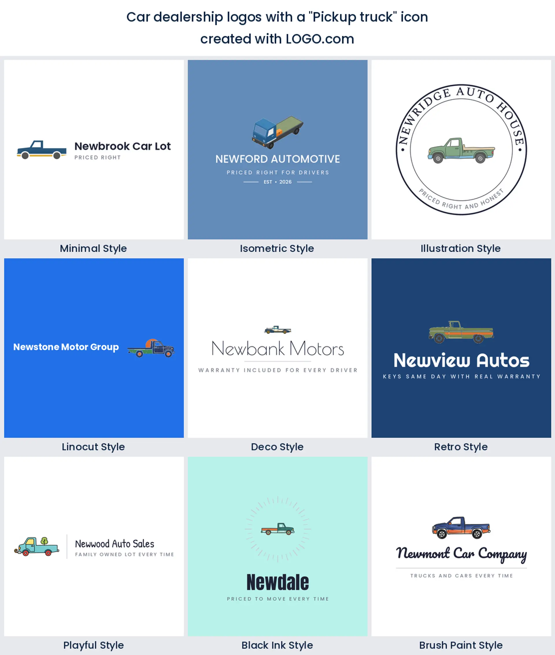 Pickup truck automotive logo shown in nine LOGO.com styles