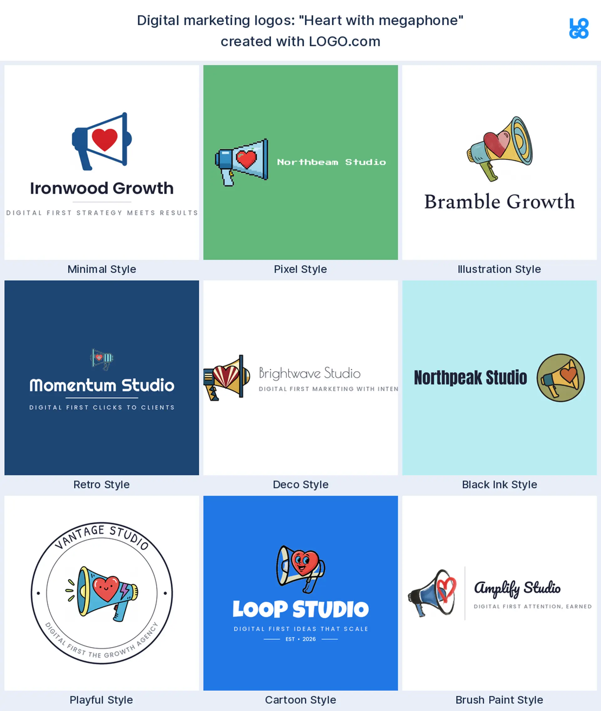 The "Heart with megaphone" digital marketing logo idea, shown across nine styles on LOGO.com