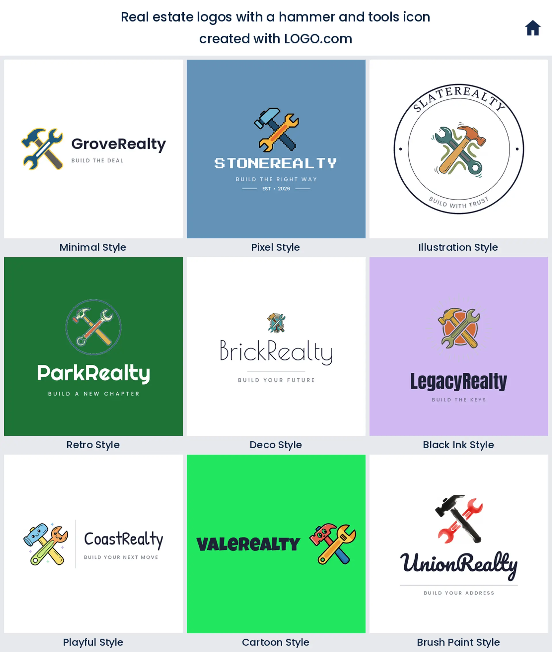Hammer and tools real estate logo shown in nine LOGO.com styles