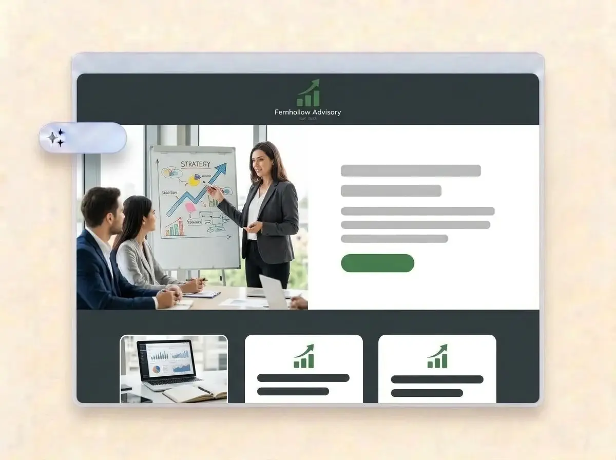 Finished Fernhollow Advisory website built by LOGO.com from the uploaded logo, with a consultant presenting a strategy diagram to two clients in the hero photo