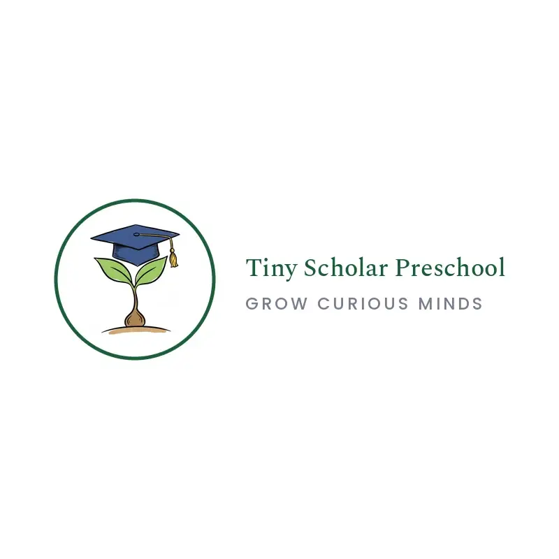 The school name Tiny Scholar Preschool as a branded logo in an illustration style