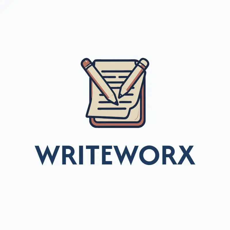 The pen name WriteWorx as a branded logo with a color icon