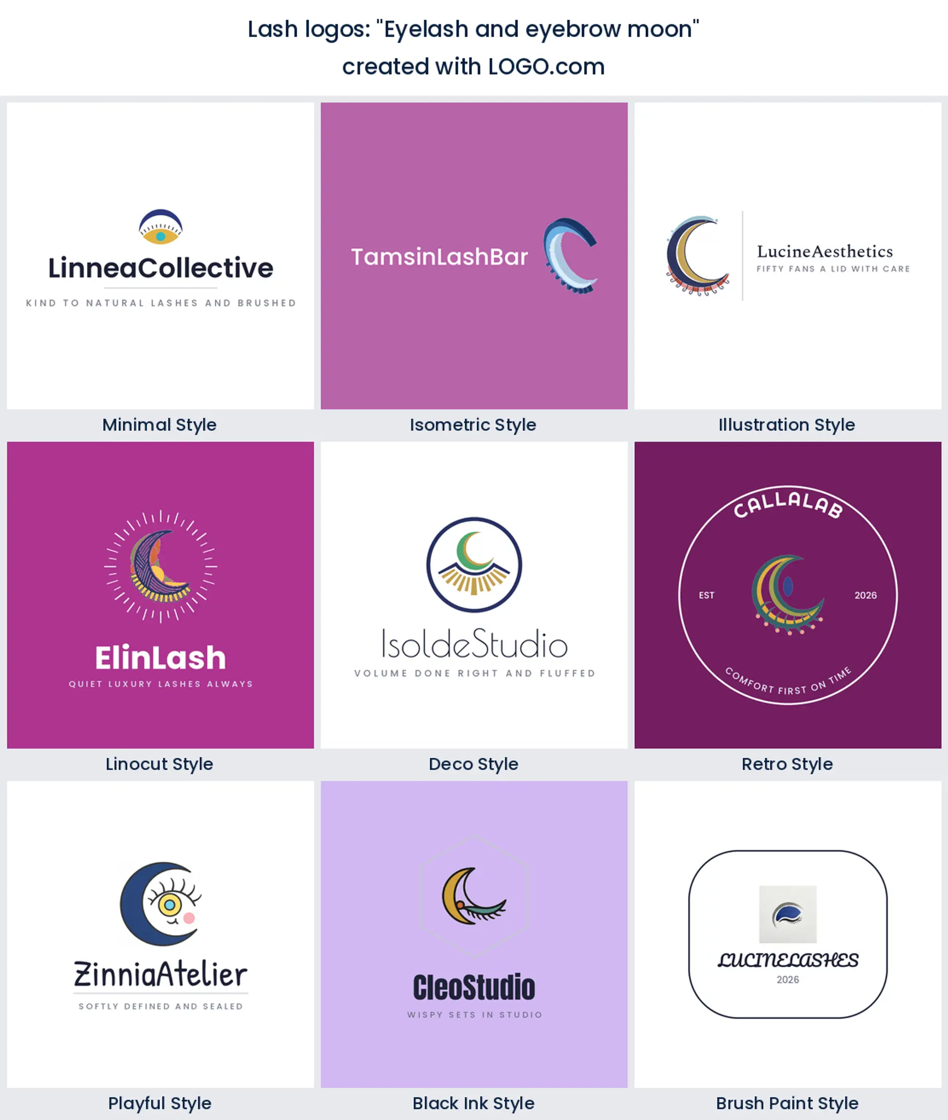 A lash logo built from the founder prompt "Eyelash and eyebrow moon", shown in nine design styles.