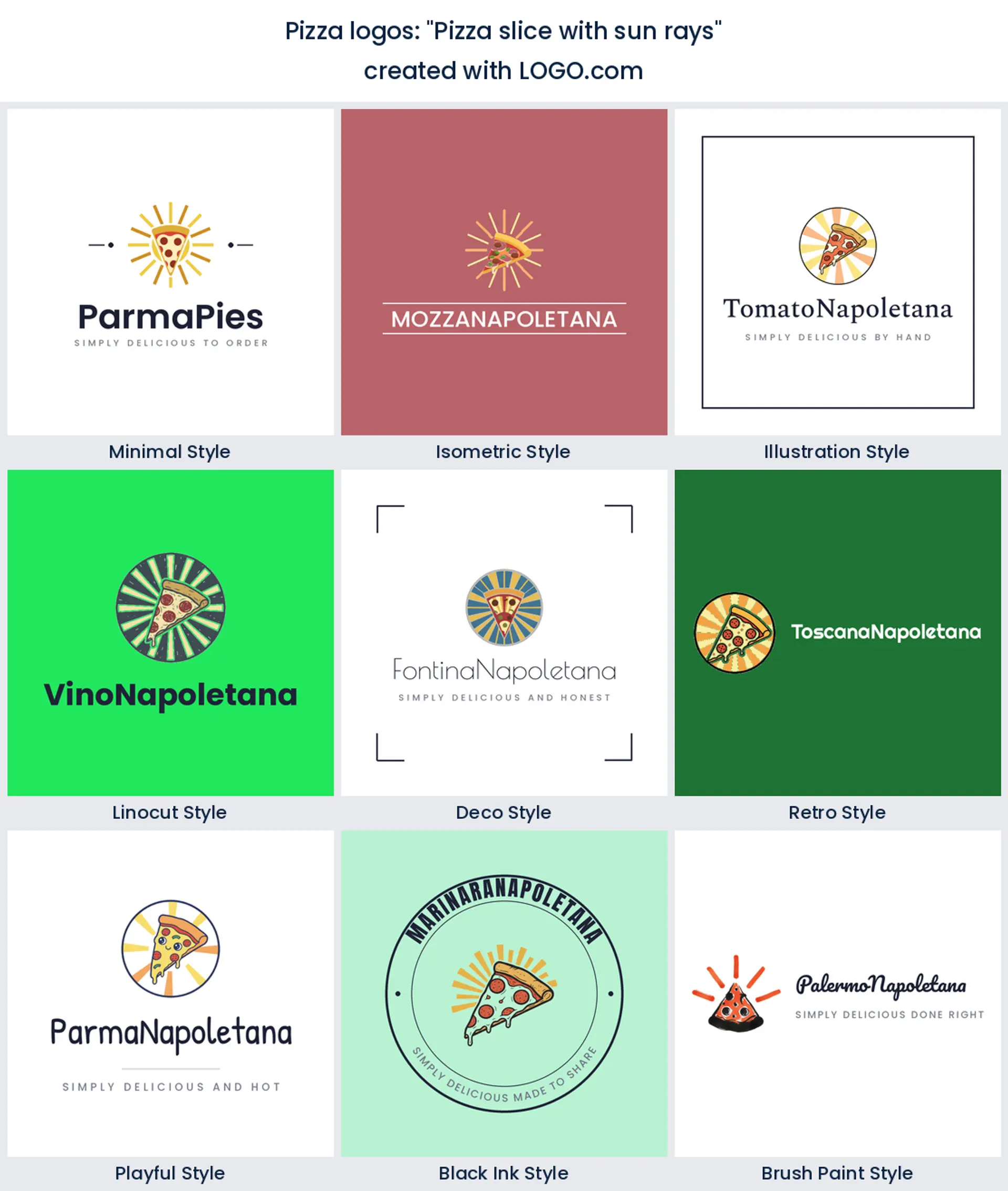 Pizza slice with sun rays logo in nine styles.