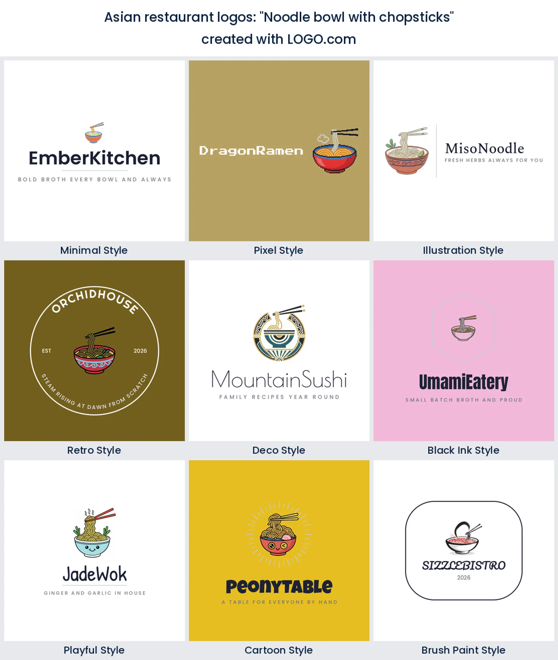 Noodle bowl with chopsticks Asian restaurant logo in nine styles.