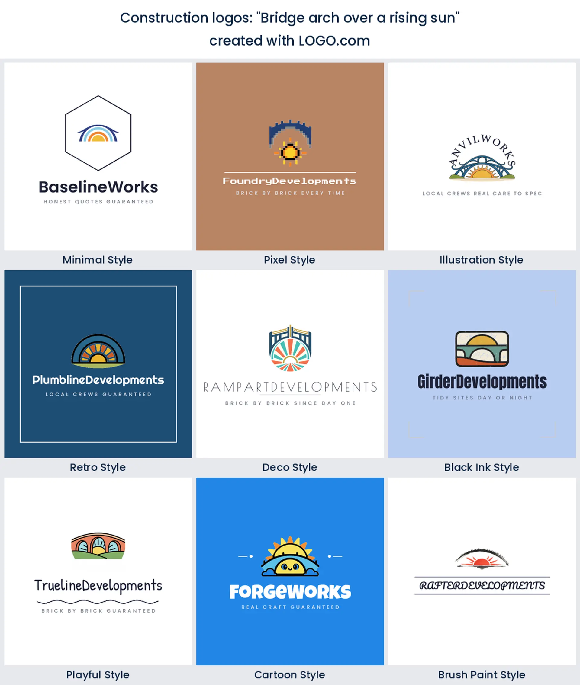 Bridge arch over rising sun construction logo idea, shown in nine LOGO.com styles