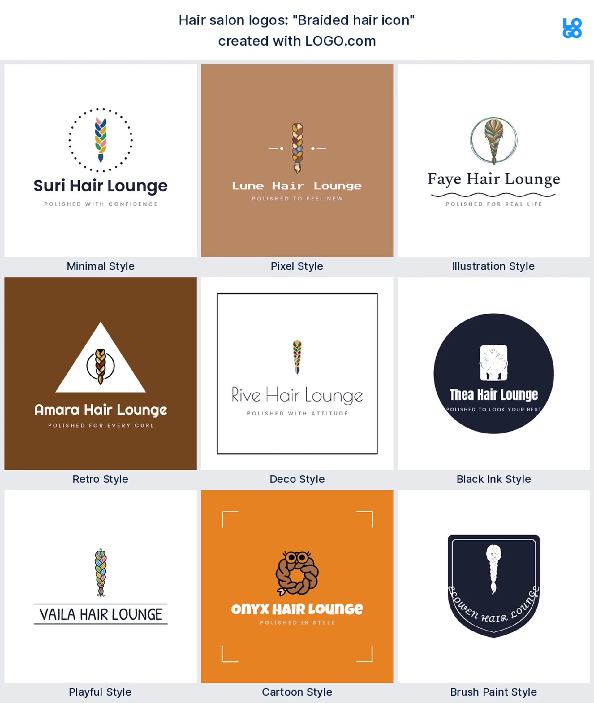 The "Braided hair icon" hair salon logo idea shown across nine LOGO.com styles