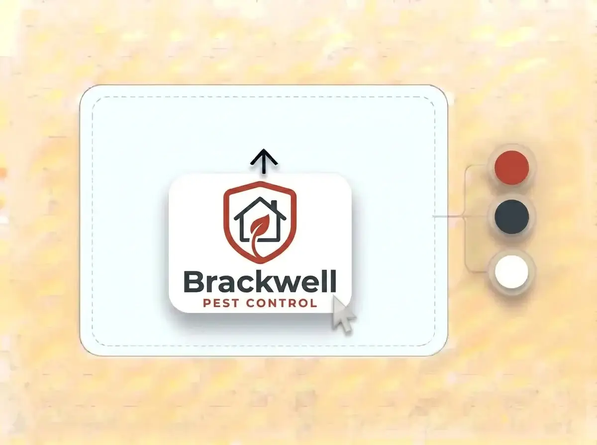 Brackwell Pest Control logo, a brick red shield holding a house and a leaf on a white card, dropped into the LOGO.com upload box with its colors split into swatches