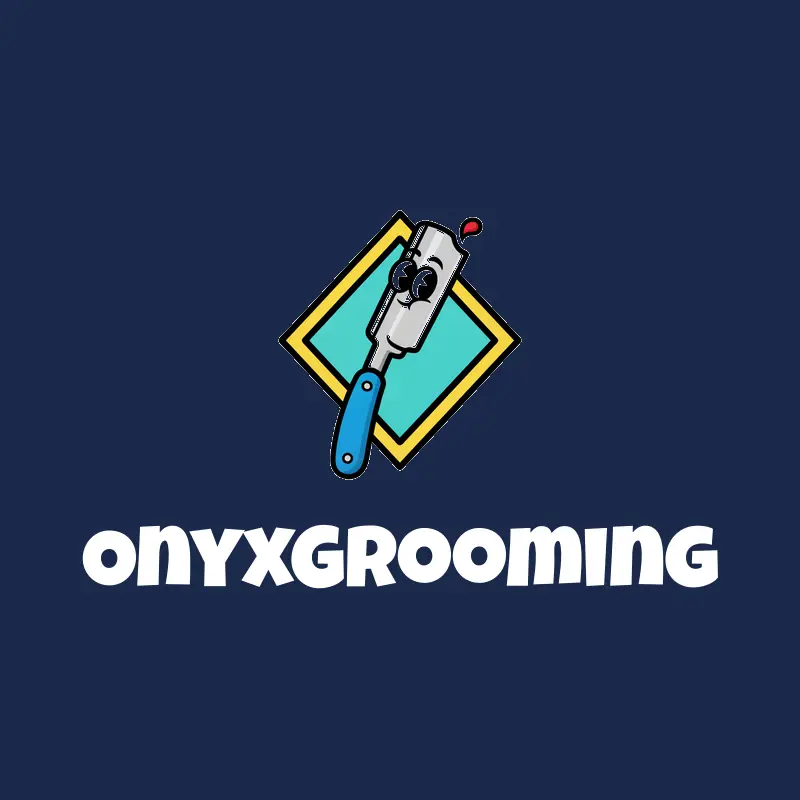 A cartoon diamond and barber razor logo on a navy background.