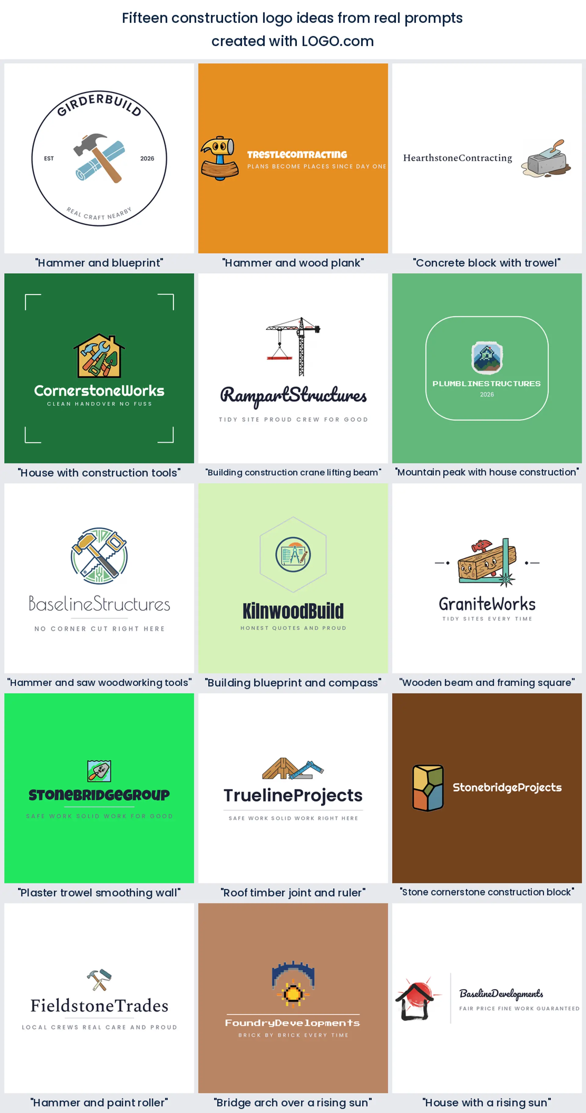 Fifteen construction logo ideas shown across nine LOGO.com styles