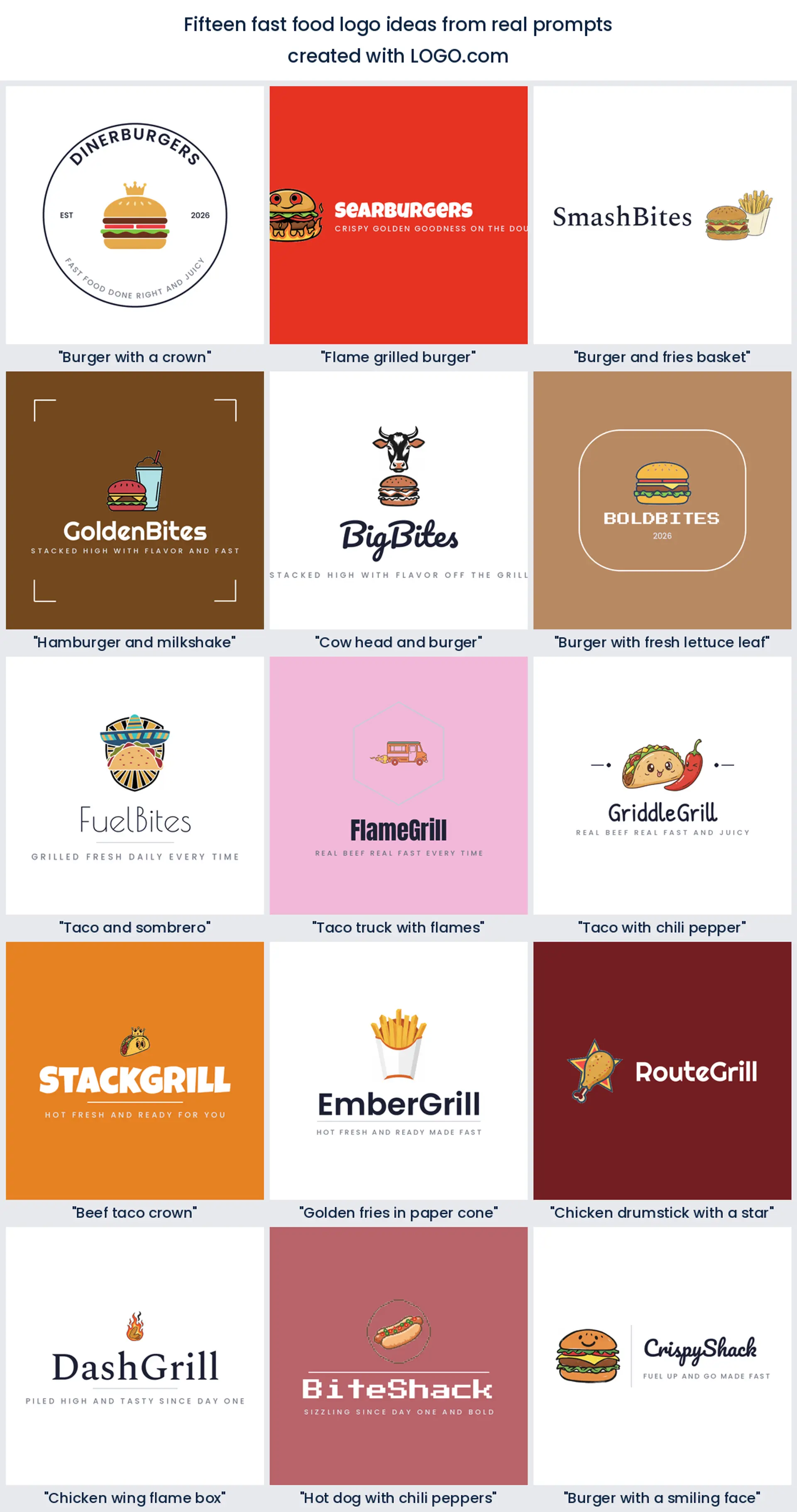 Fifteen fast food logo ideas shown across nine LOGO.com styles.