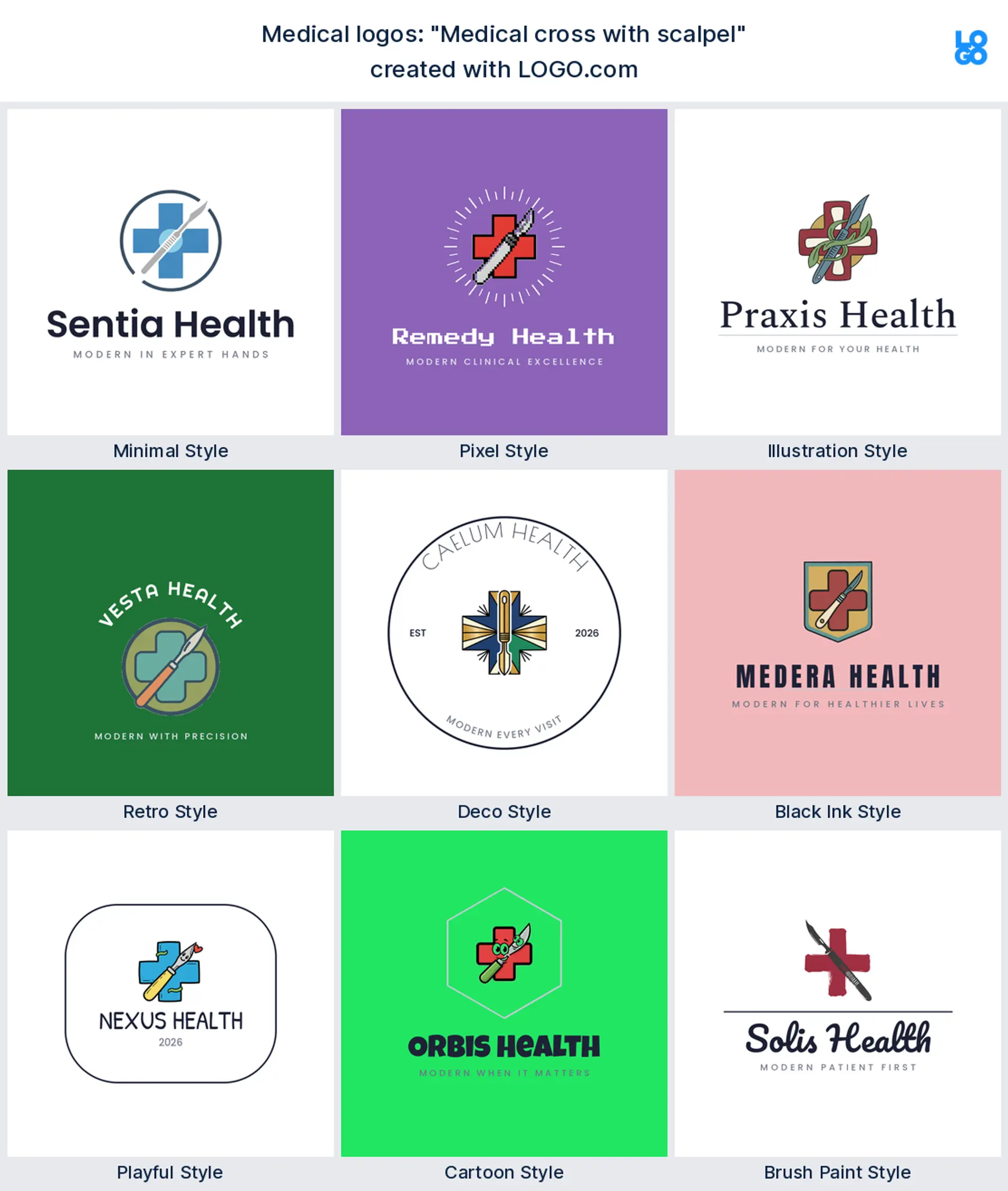 The "Medical cross with scalpel" medical logo idea shown across nine LOGO.com styles