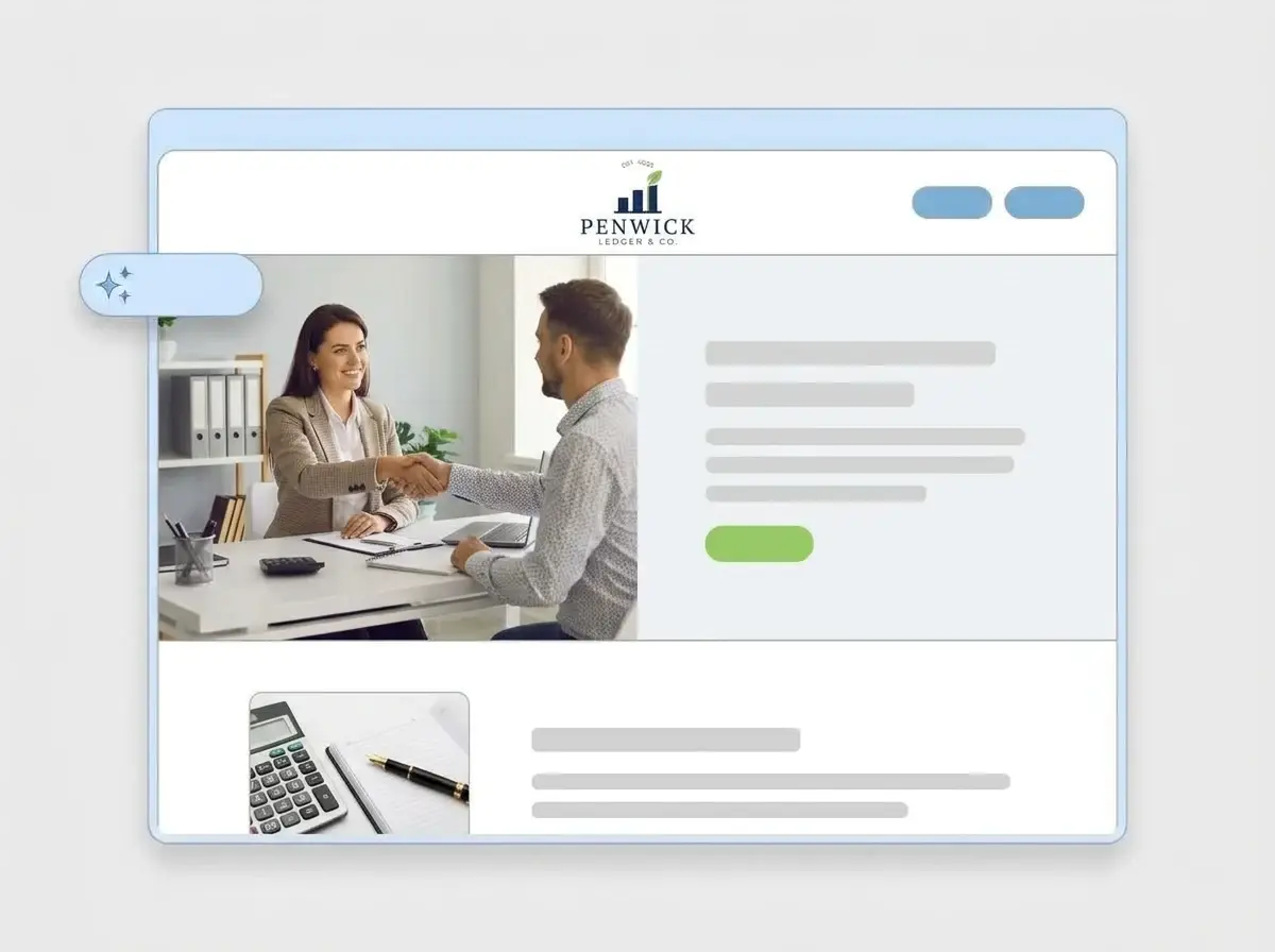 Finished Penwick Ledger and Co. accounting website built by LOGO.com from the uploaded logo, with an accountant shaking hands with a client in the hero and a calculator thumbnail