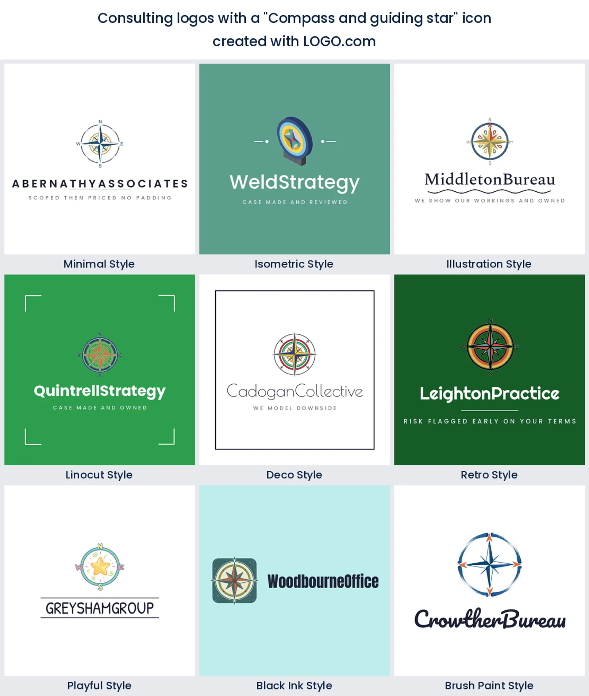 Nine styles of consulting logo built on a compass rose with a star at its centre