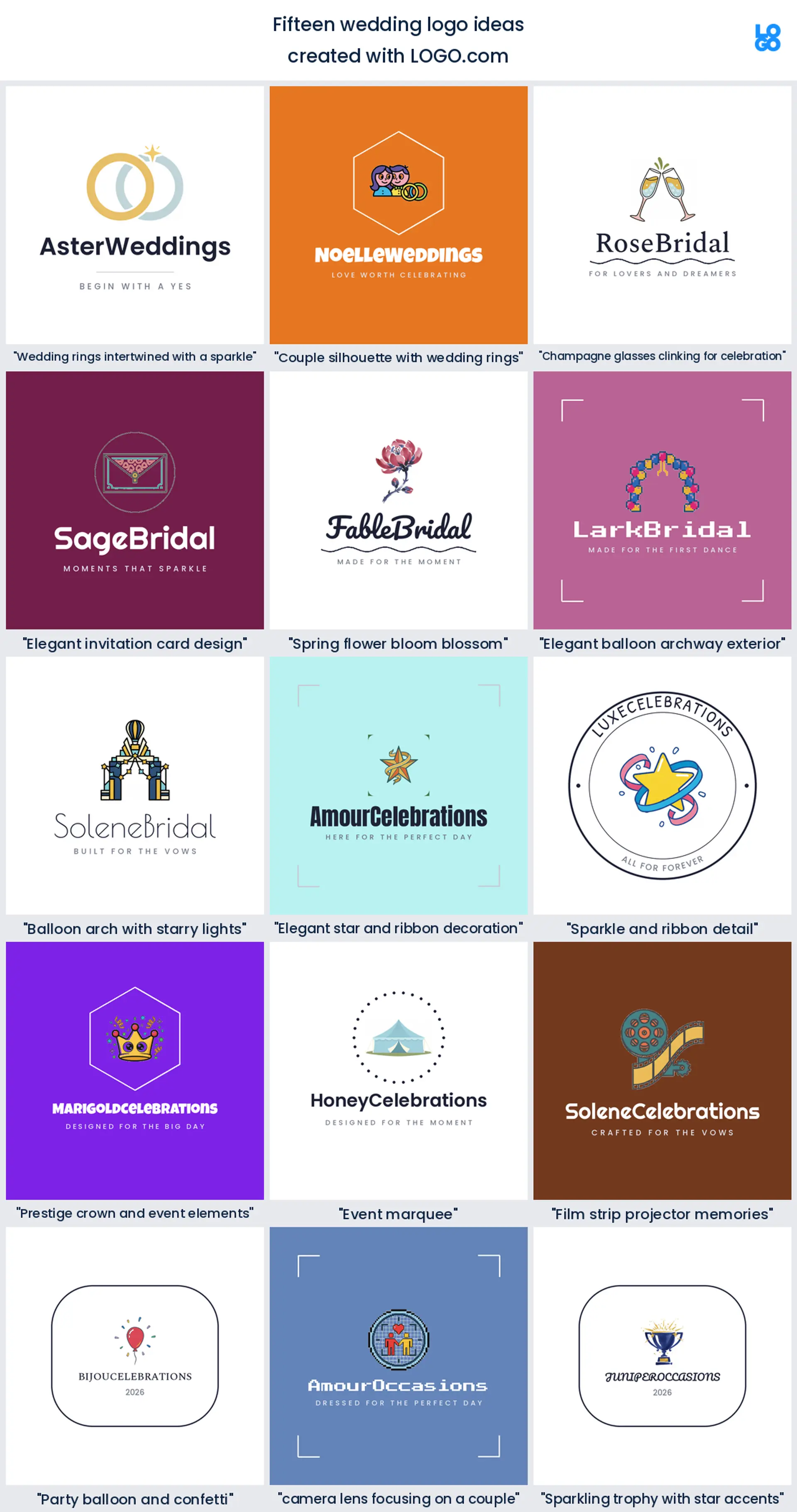 Fifteen wedding logo ideas shown across nine LOGO.com styles