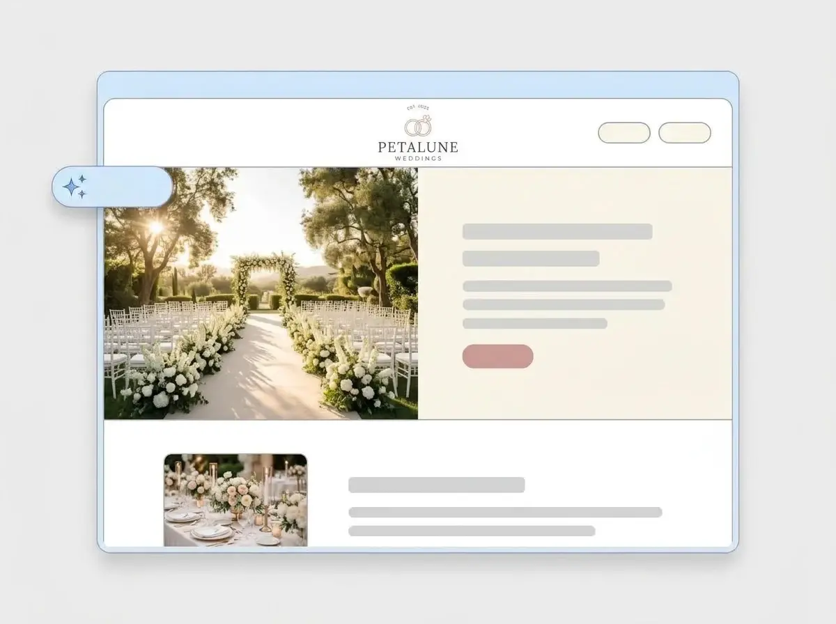 Finished Petalune Weddings website built by LOGO.com from the uploaded logo, with a flower lined ceremony aisle in the hero and a reception table thumbnail
