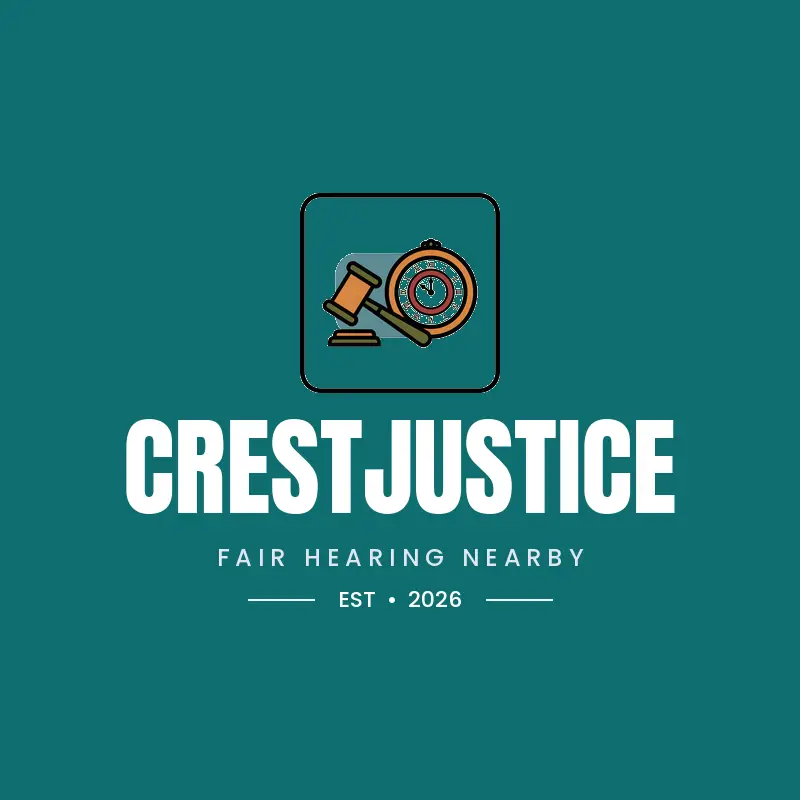 Black ink legal logo with a gavel and an antique clock for CrestJustice