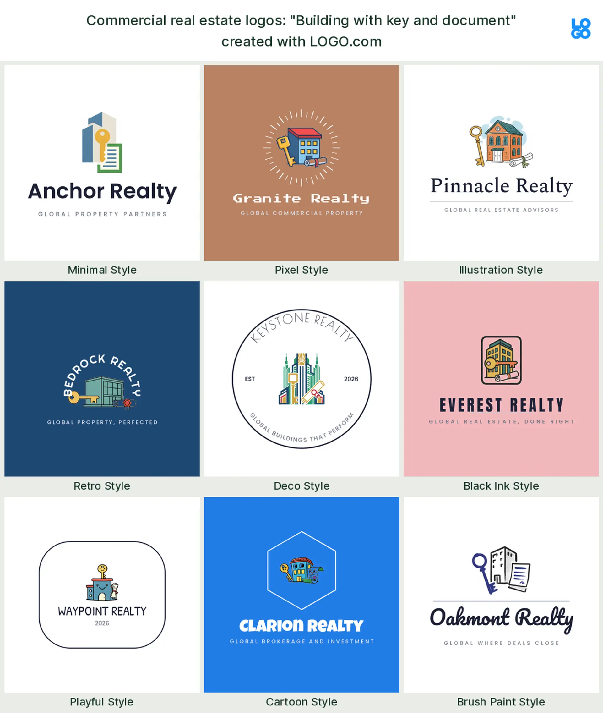 The "Building with key and document" commercial real estate logo idea, shown across nine styles on LOGO.com