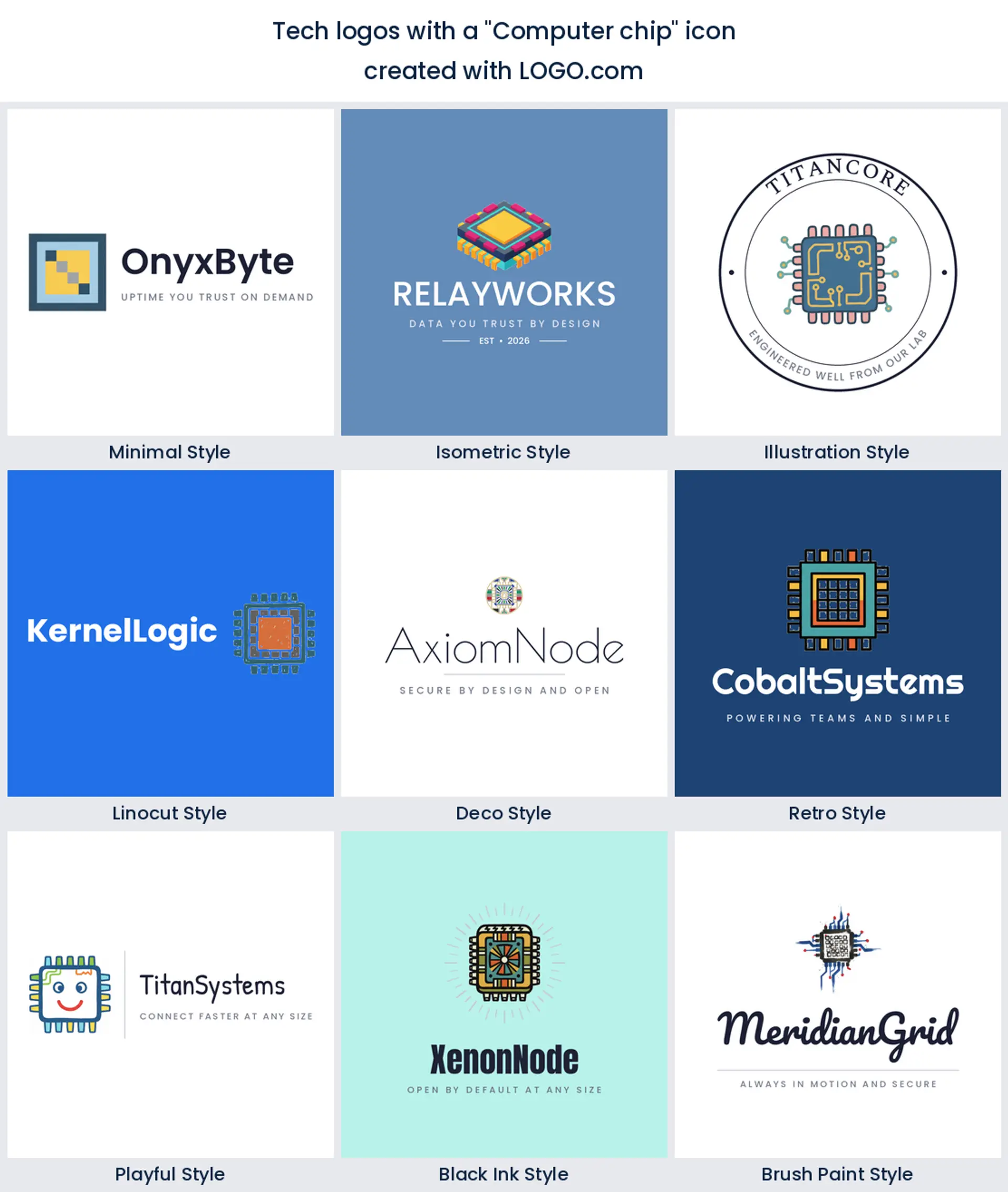 Computer chip tech logo shown in nine LOGO.com styles.