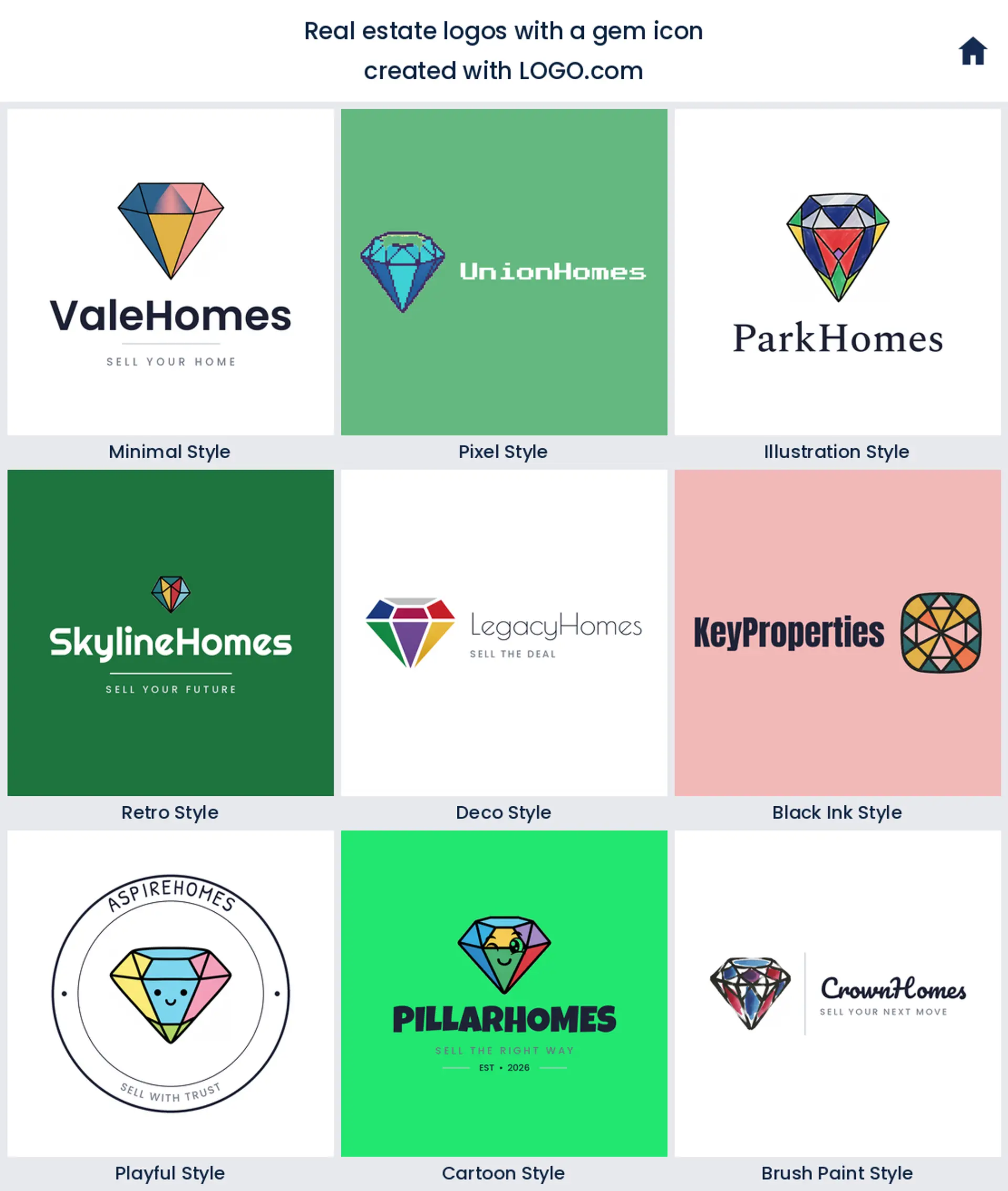 Gem real estate logo shown in nine LOGO.com styles