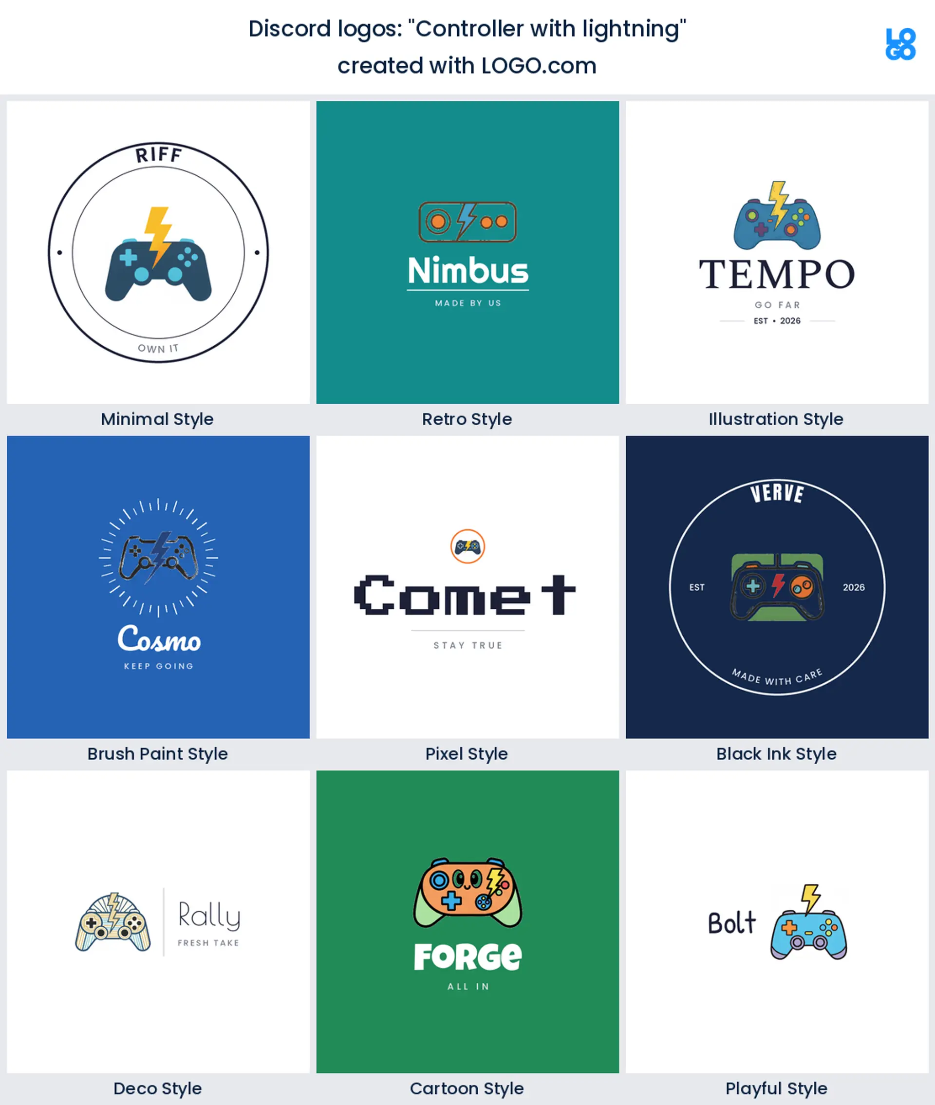 Controller with lightning, Discord server logo shown in nine LOGO.com styles