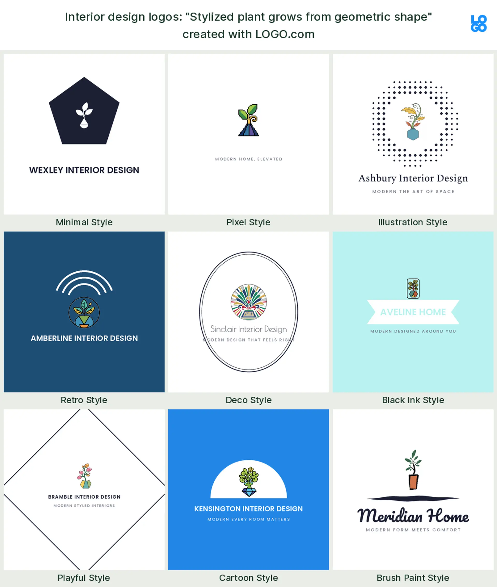 The "Stylized plant grows from geometric shape" interior design logo idea, shown across nine styles on LOGO.com