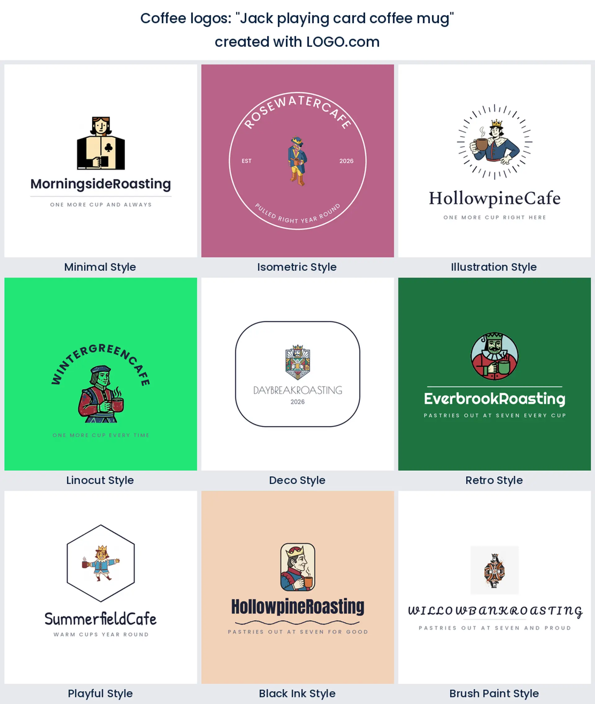 Jack playing card coffee mug coffee logo idea shown in nine LOGO.com styles