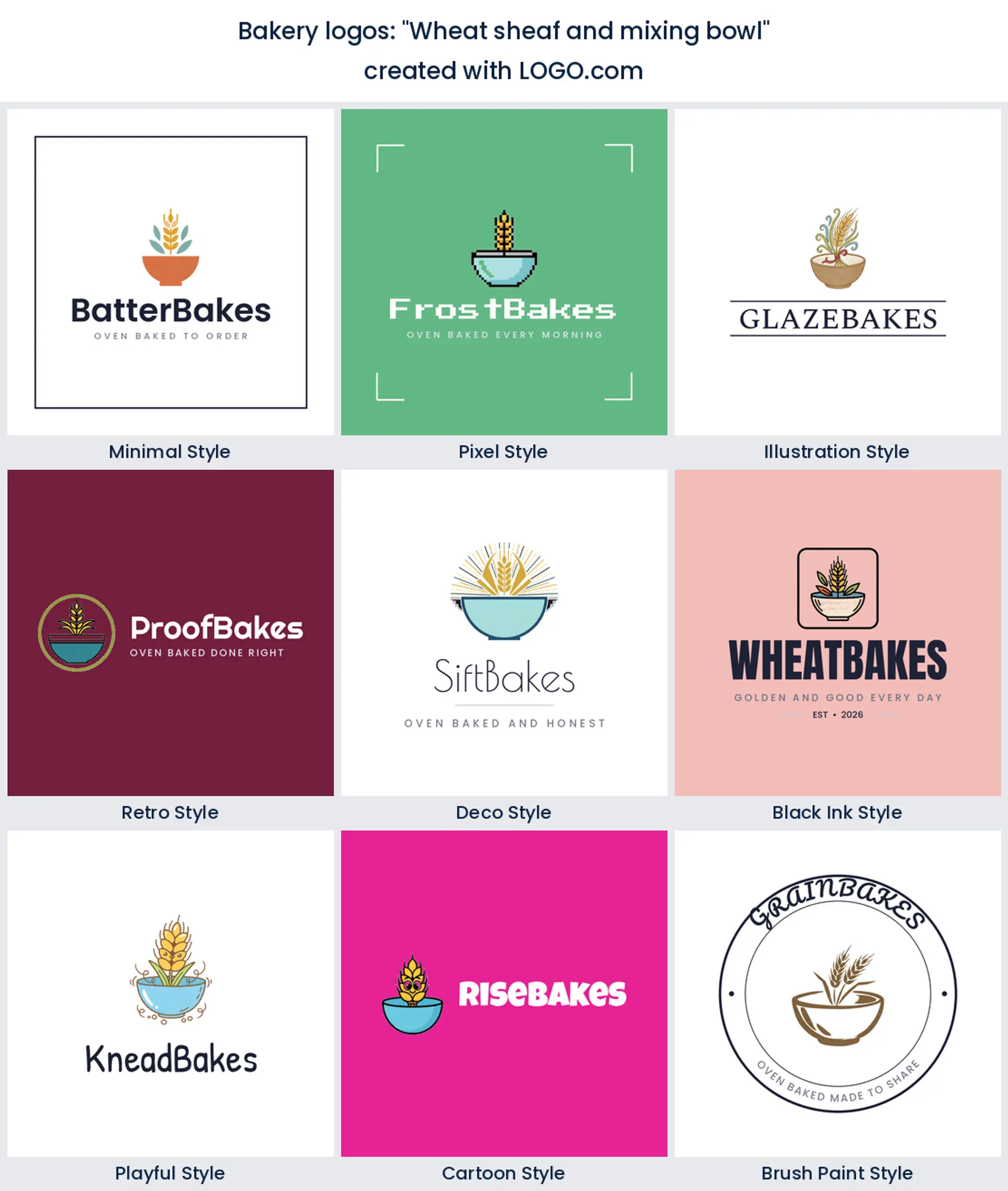 Wheat sheaf and mixing bowl bakery logo in nine styles.