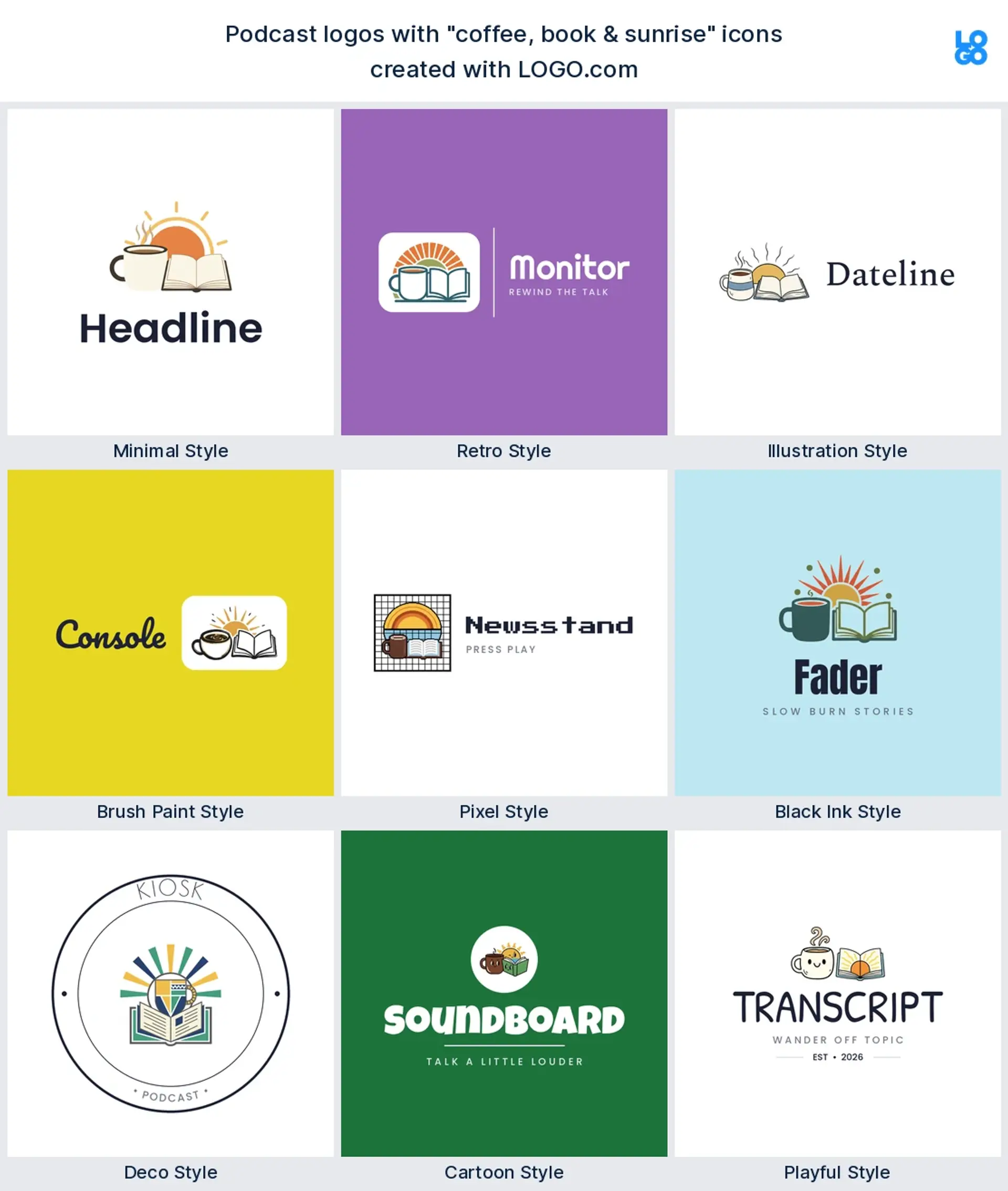 Coffee, book and sunrise podcast logo shown in nine LOGO.com styles