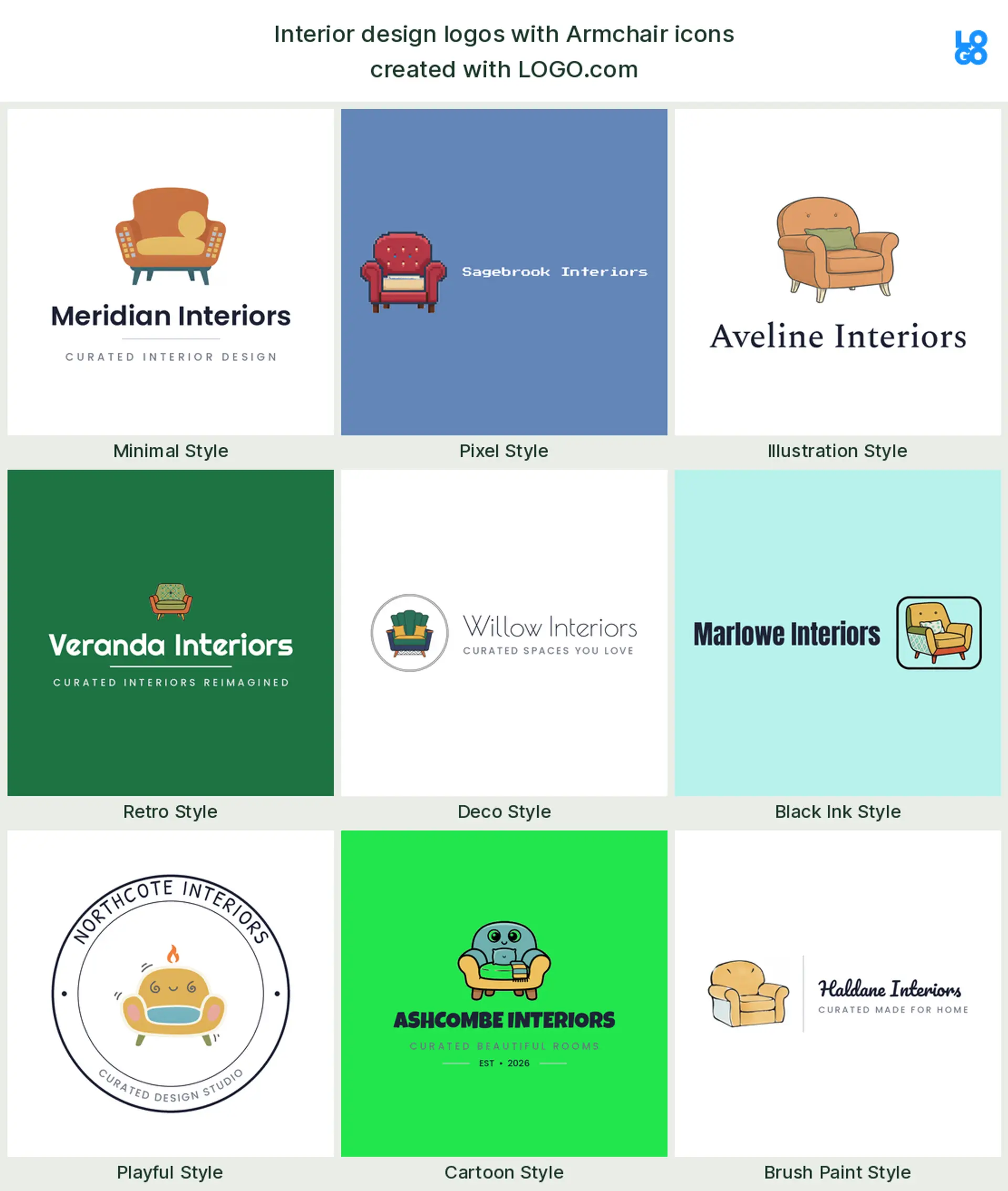 Armchair, a popular interior design logo symbol, shown across nine styles on LOGO.com
