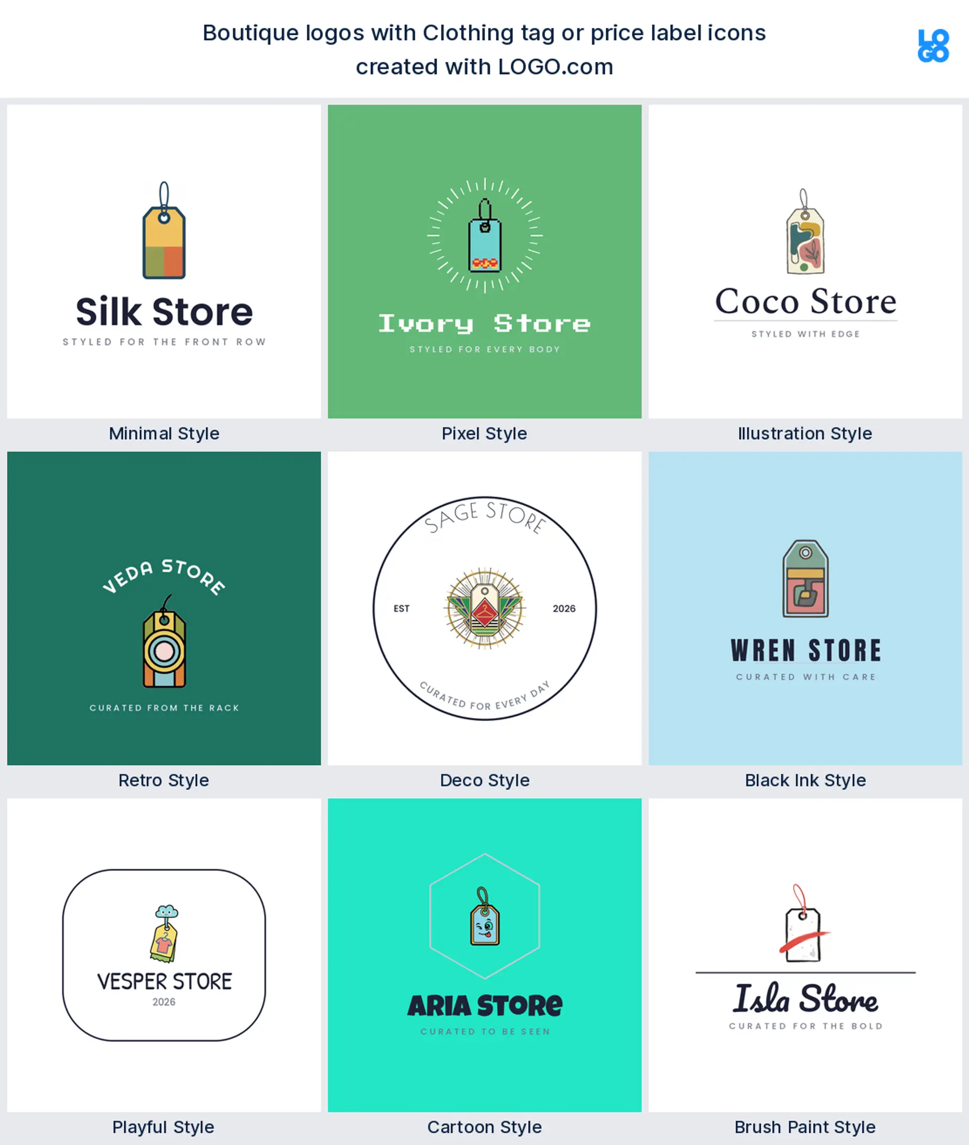 Clothing tag or price label shown across nine LOGO.com logo styles