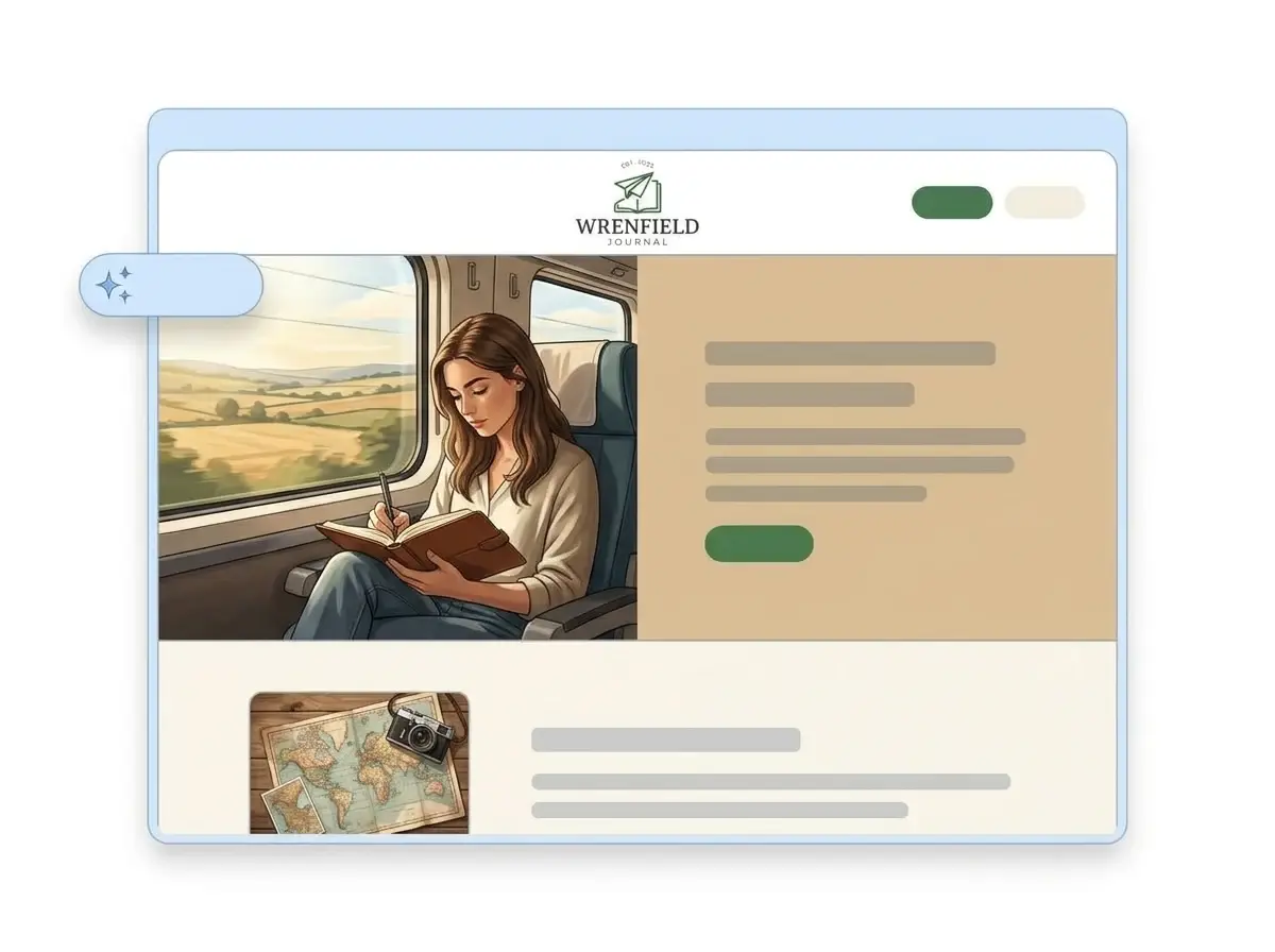 Finished Wrenfield Journal blog website built by LOGO.com from the uploaded logo, with a writer journaling on a train in the hero and a map and camera thumbnail