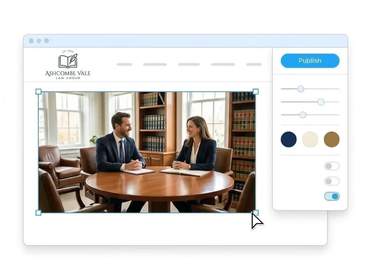 Editing the Ashcombe Vale Law Group website with a meeting room photo of two attorneys selected, the style panel open and the Publish button ready