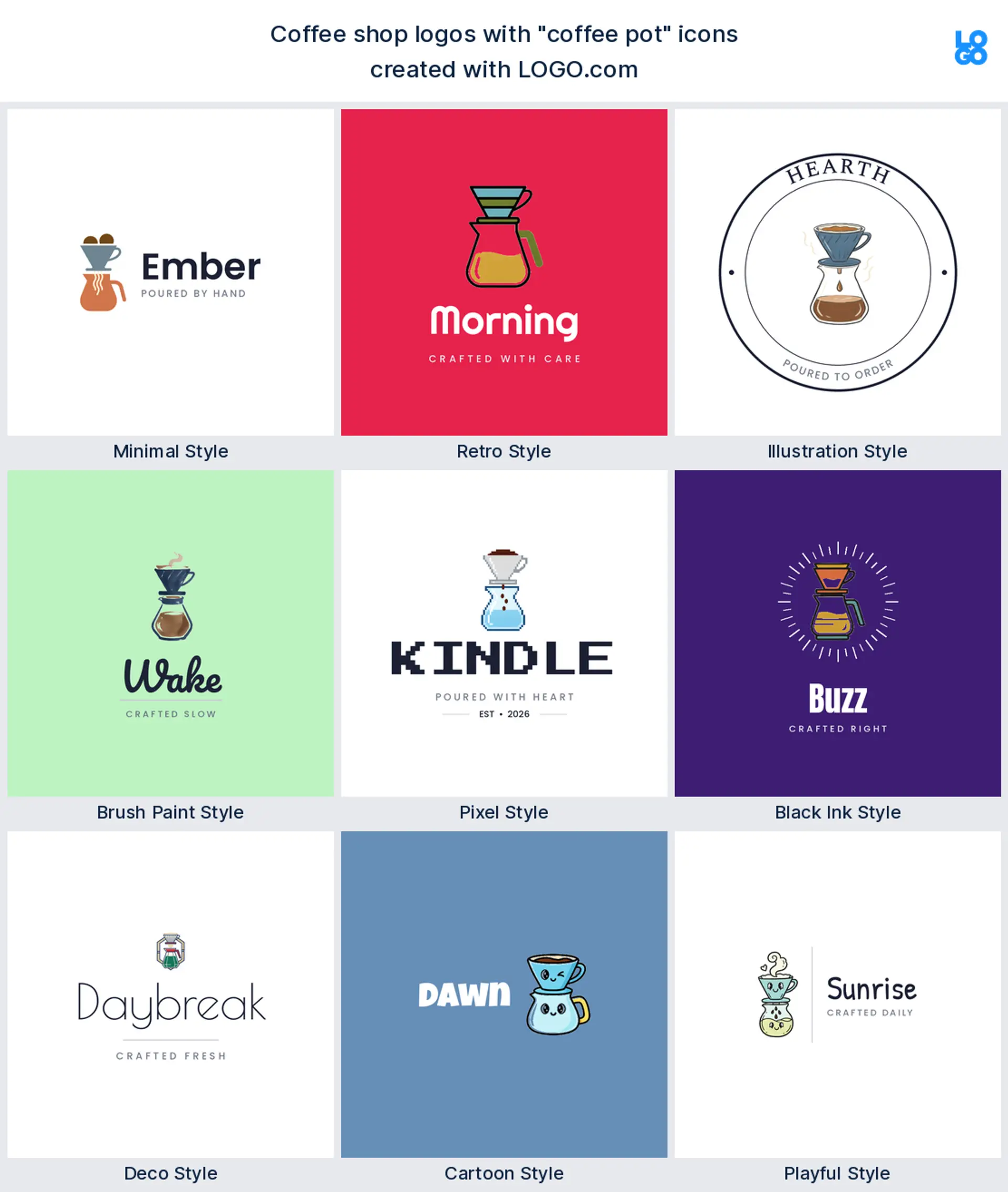 Coffee pot and pour over logo shown in nine LOGO.com styles