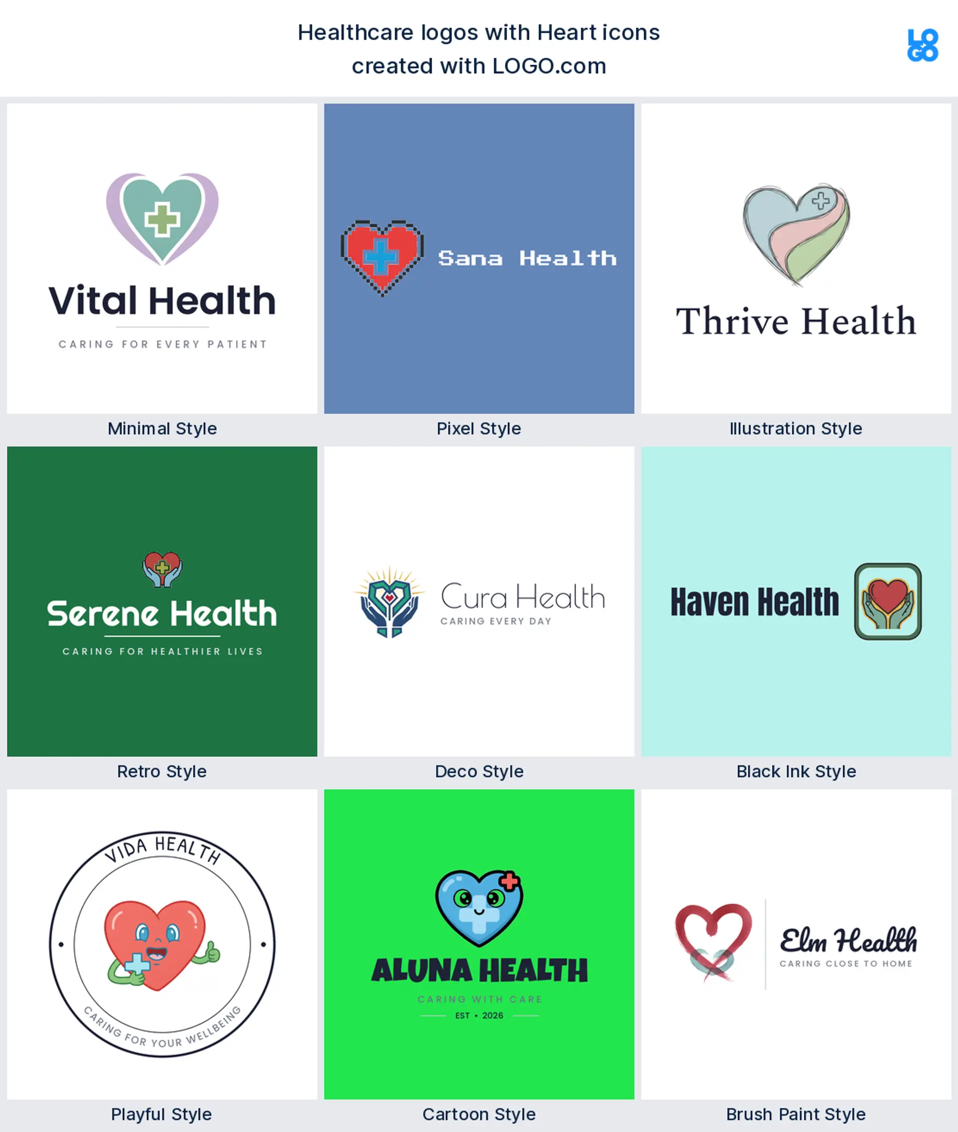 Heart shown across nine LOGO.com healthcare logo styles