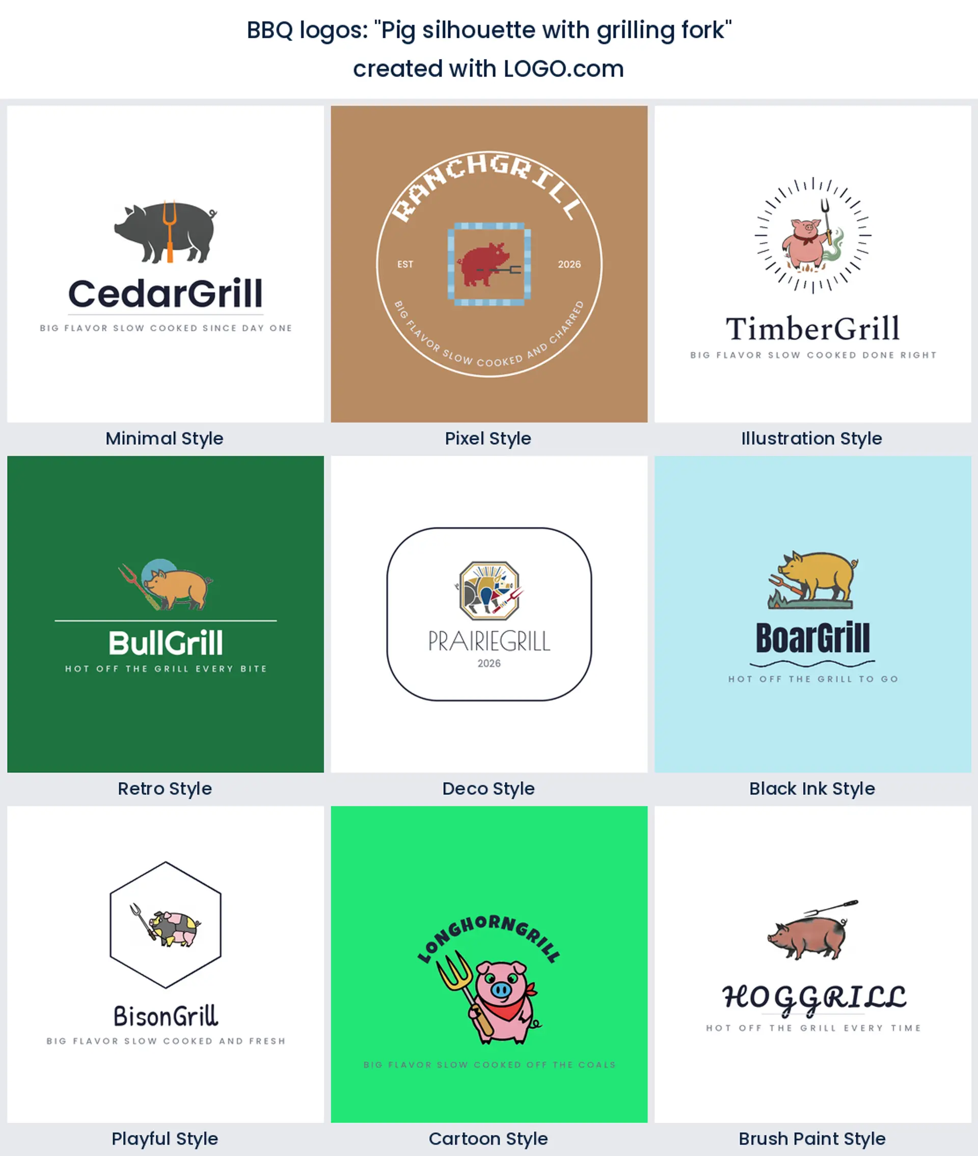 Pig silhouette with grilling fork logo in nine styles.
