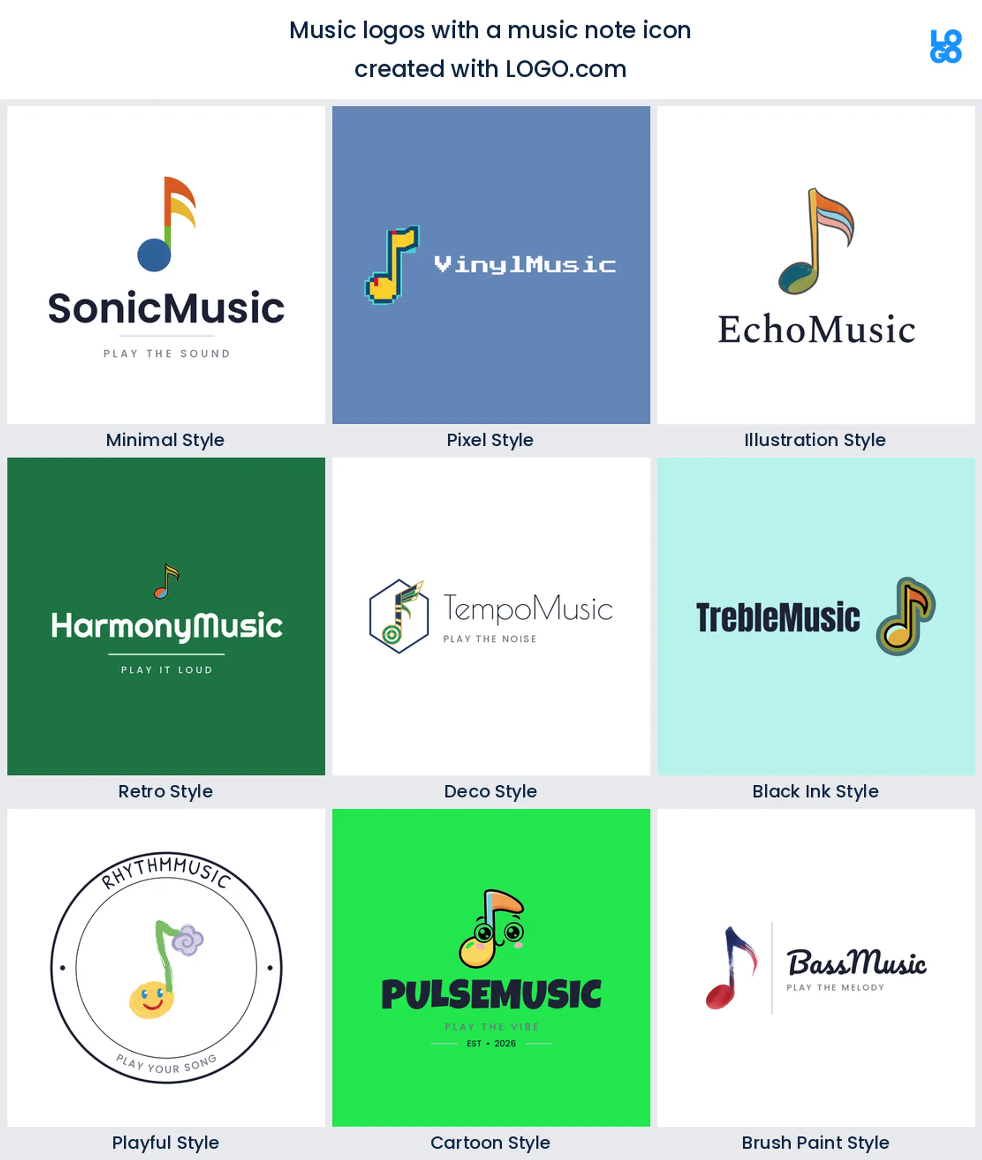 Music note logo shown in nine LOGO.com styles