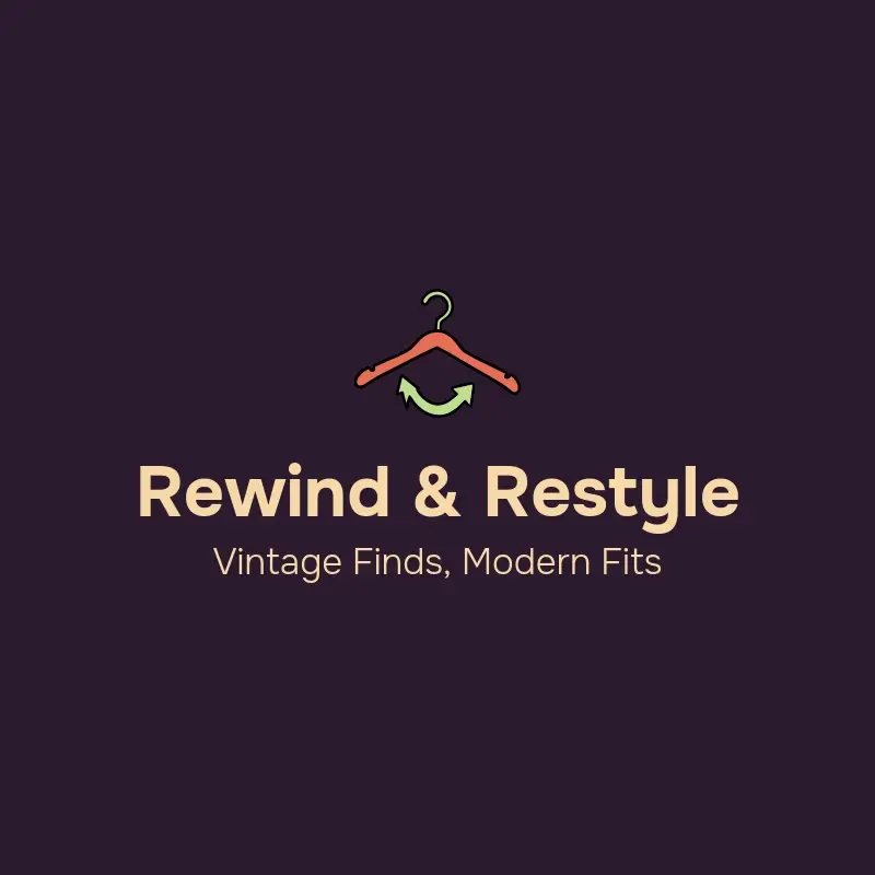 The thrift store name Rewind & Restyle as a branded logo with a color icon