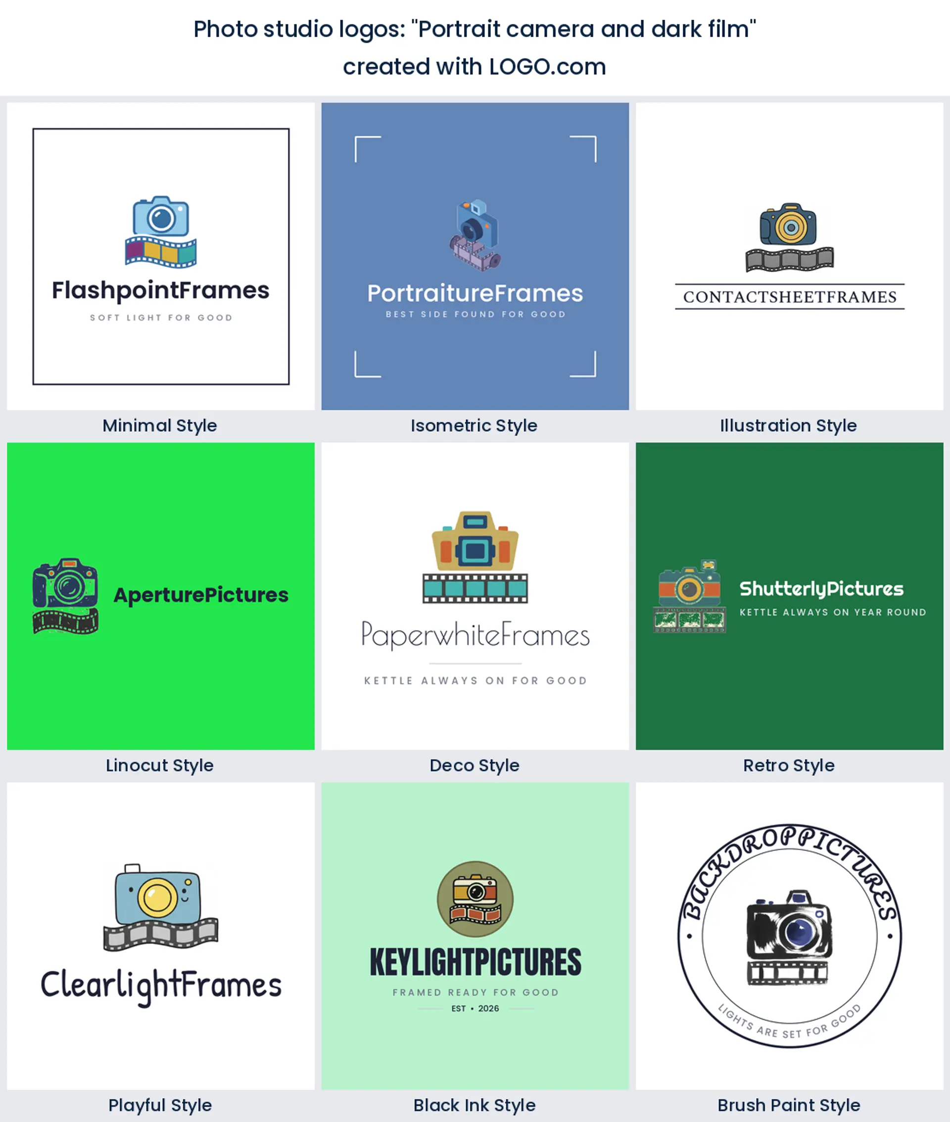 Photo studio logos from the prompt portrait camera and dark film in nine styles
