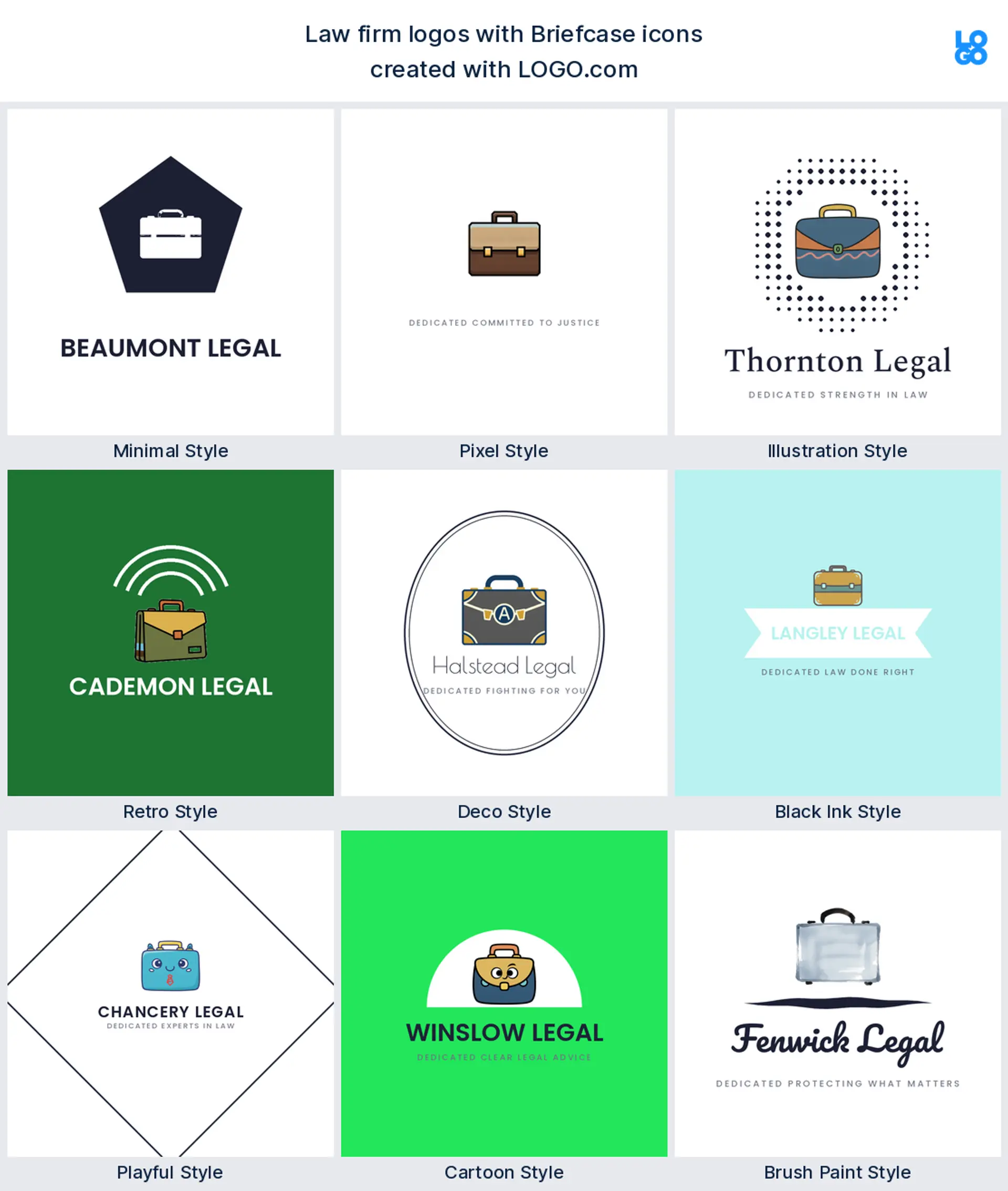 Briefcase, a popular legal logo symbol, shown across nine styles on LOGO.com