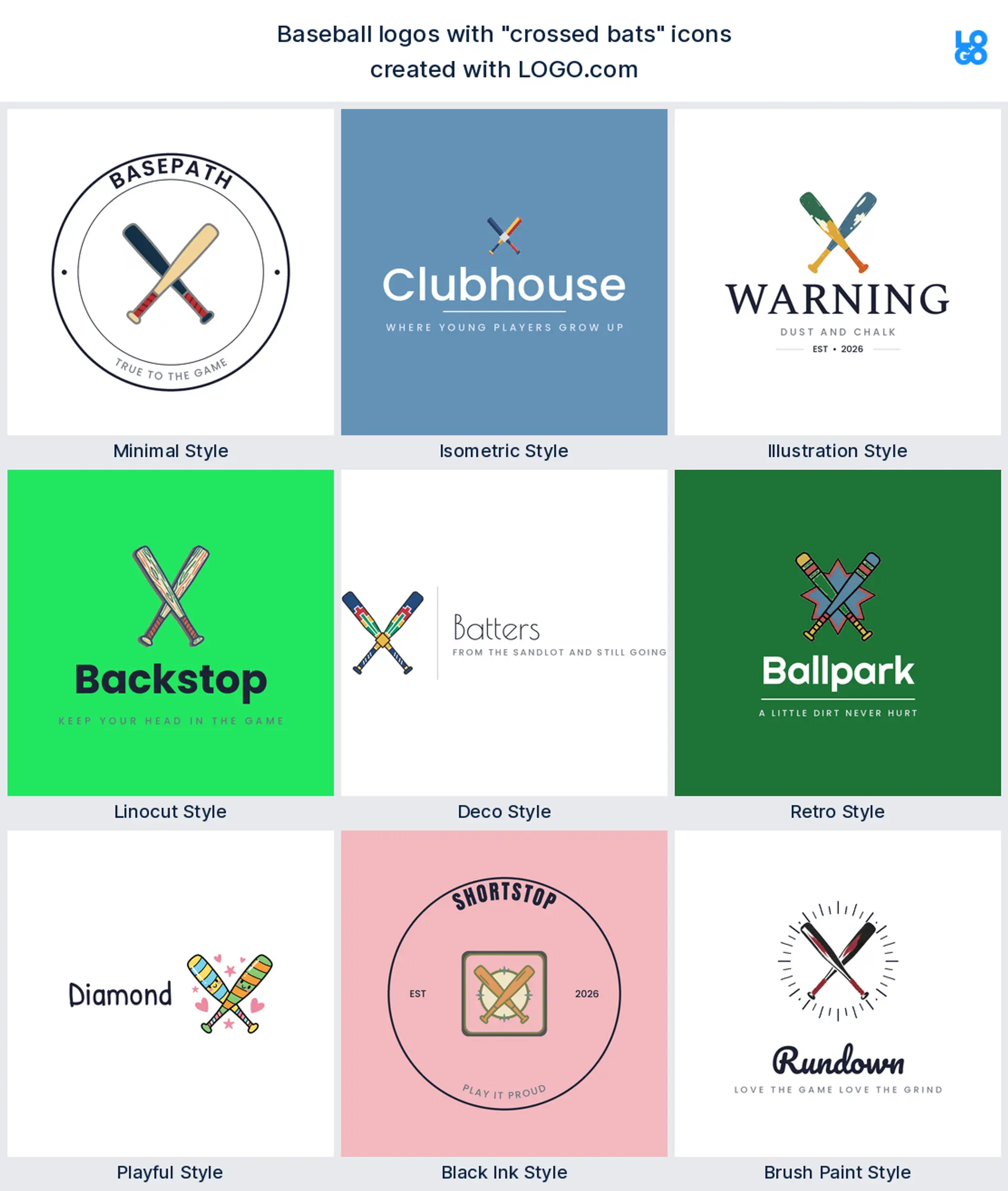 Crossed bats logo shown in nine LOGO.com styles
