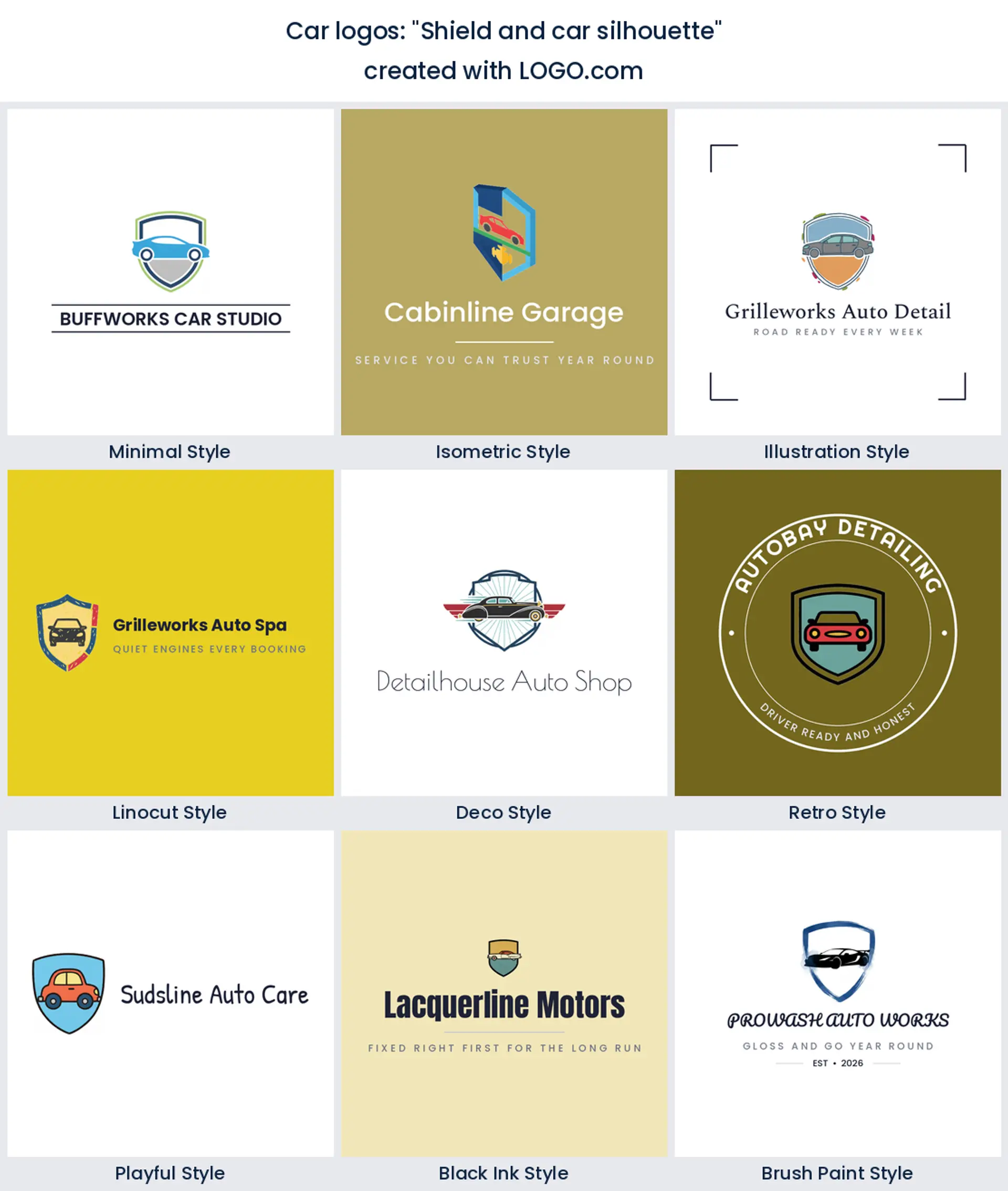 Nine car dealership logos of a shield holding a car silhouette, rendered in nine styles.